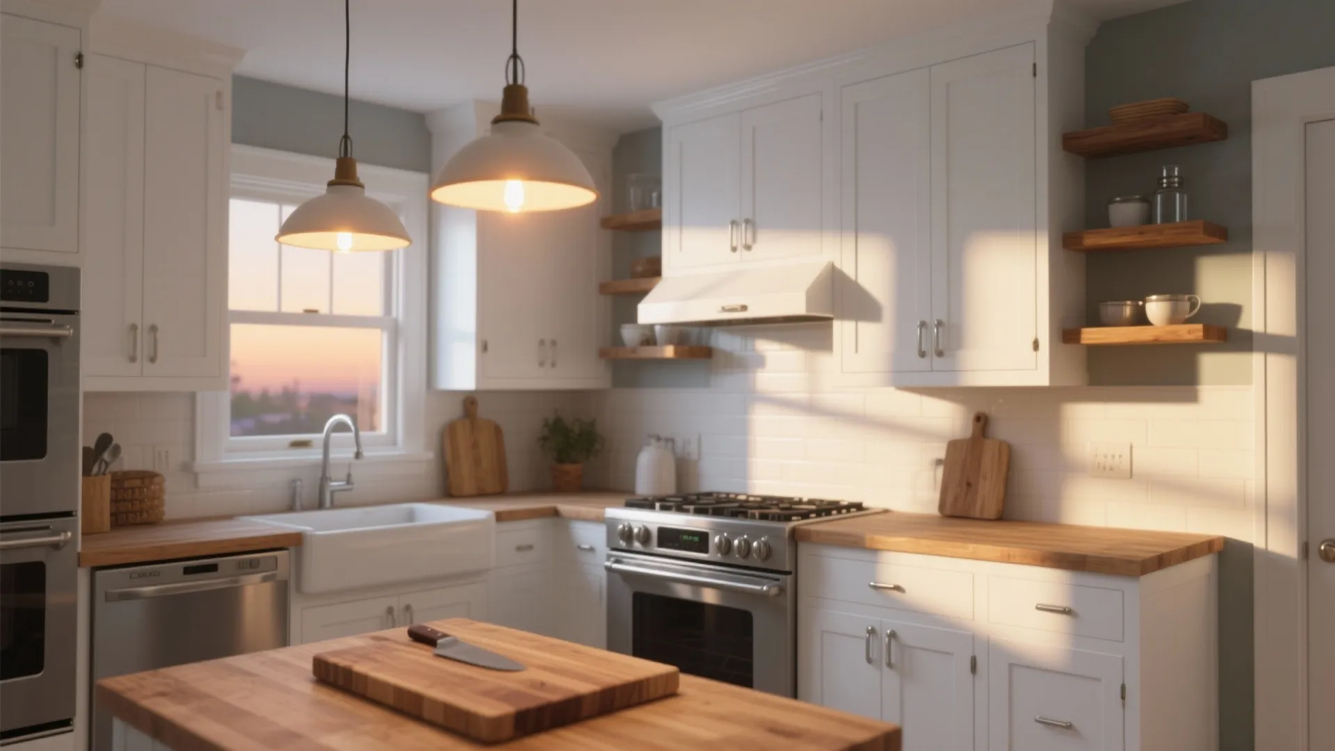 Bright white kitchen with wooden countertops ceiling lights stove sink and sun light through the window