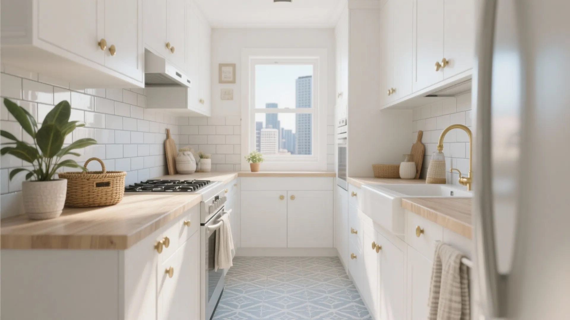 Modern white kitchen with wood countertops gold faucet blue patterned tile floor and a window