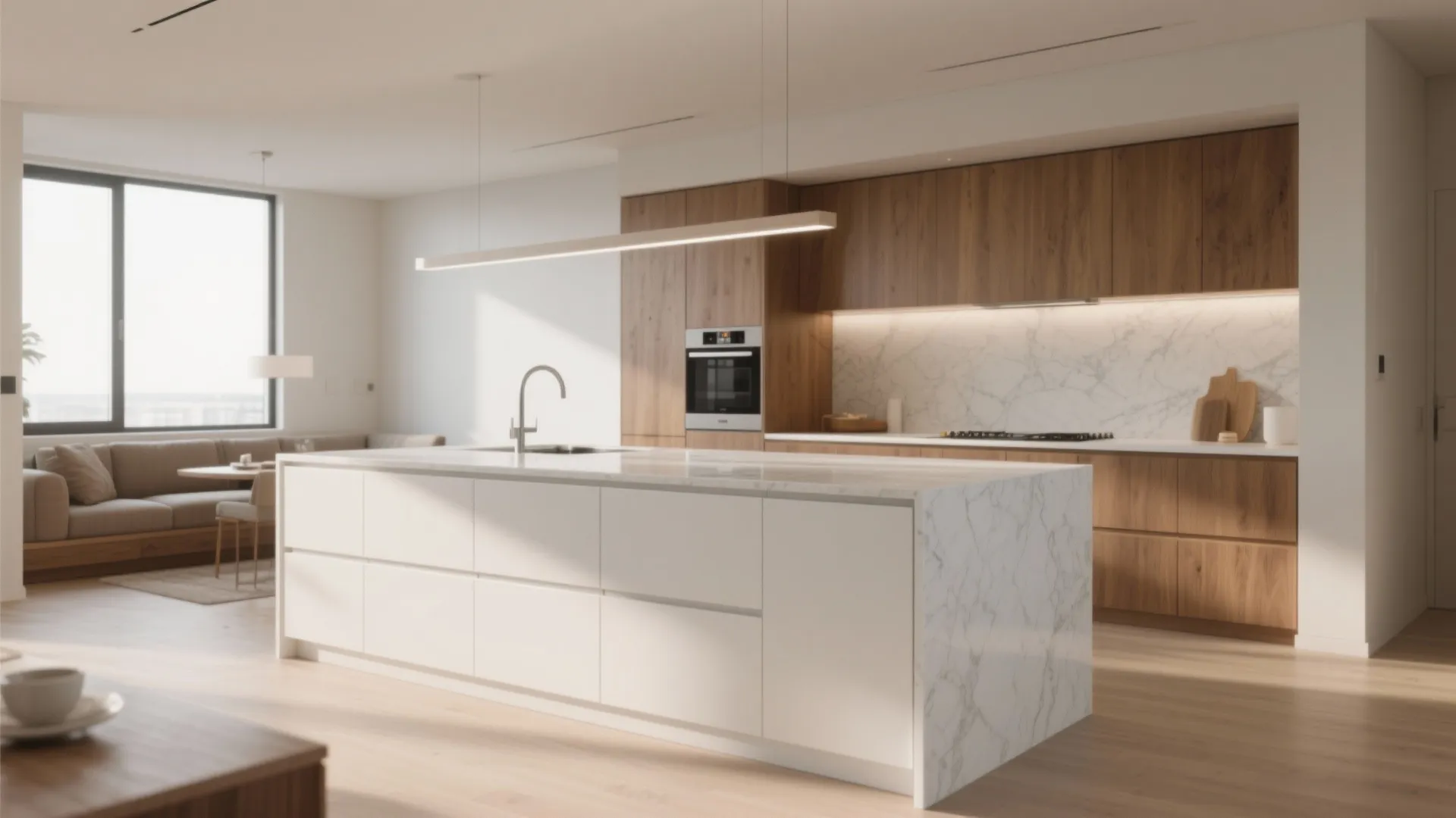 Spacious open plan kitchen featuring white marble island wooden cabinets and integrated kitchen light fixtures