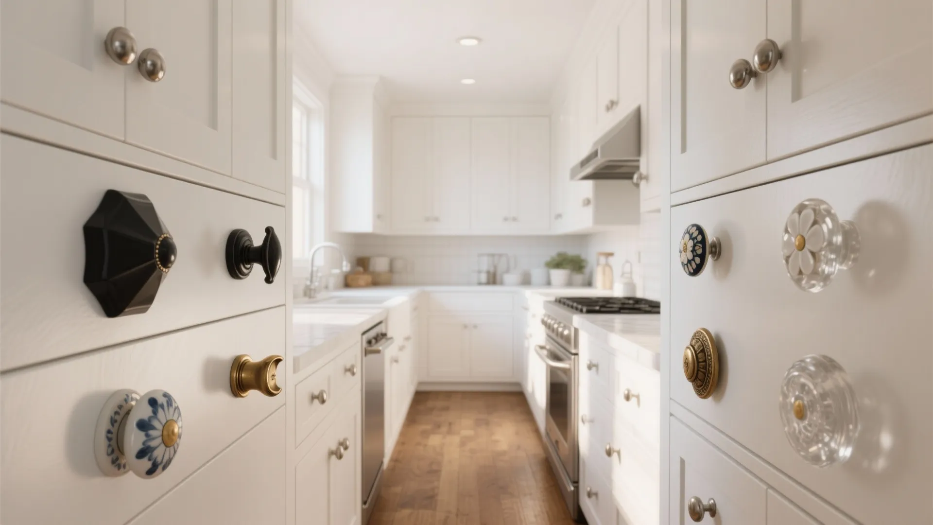 Bright white kitchen showing various decorative cabinet knobs including brass ceramic and glass hardware styles