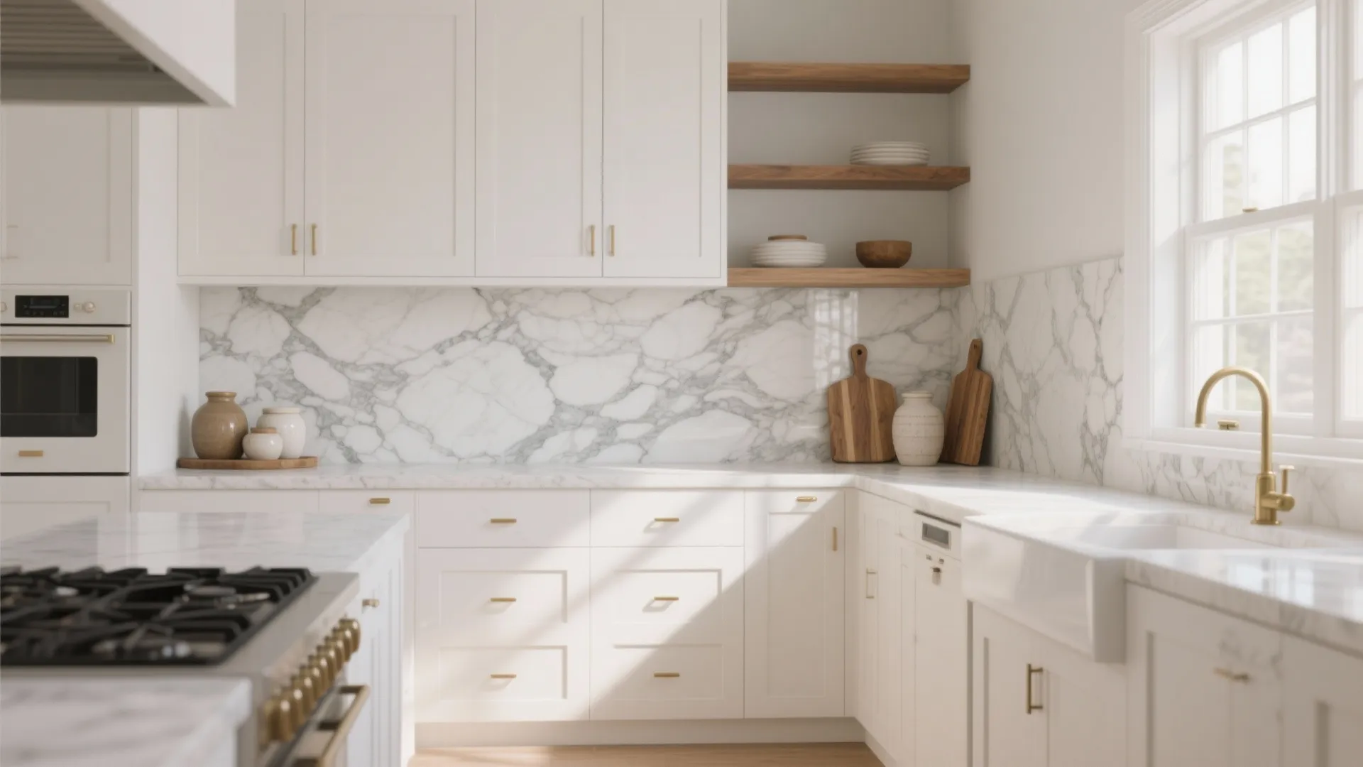 Bright white kitchen with marble surfaces gold faucet wooden shelves and natural light from large window