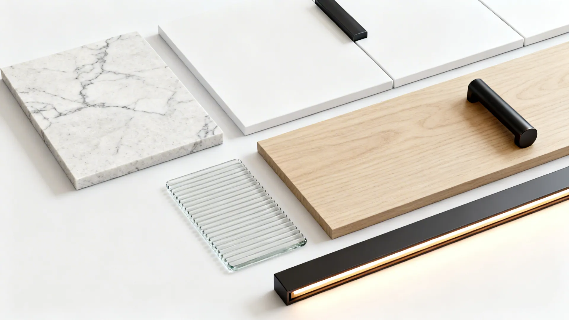 Flat lay of honed quartz, matte white cabinet finish, oak veneer, ribbed glass, and black hardware.