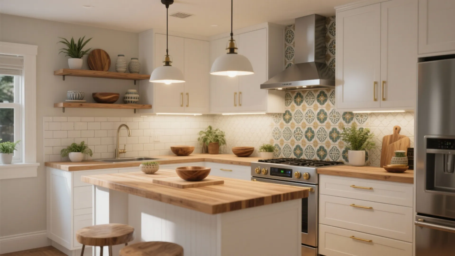 Modern white kitchen featuring wooden island top patterned wall tiles stainless stove and two ceiling lights
