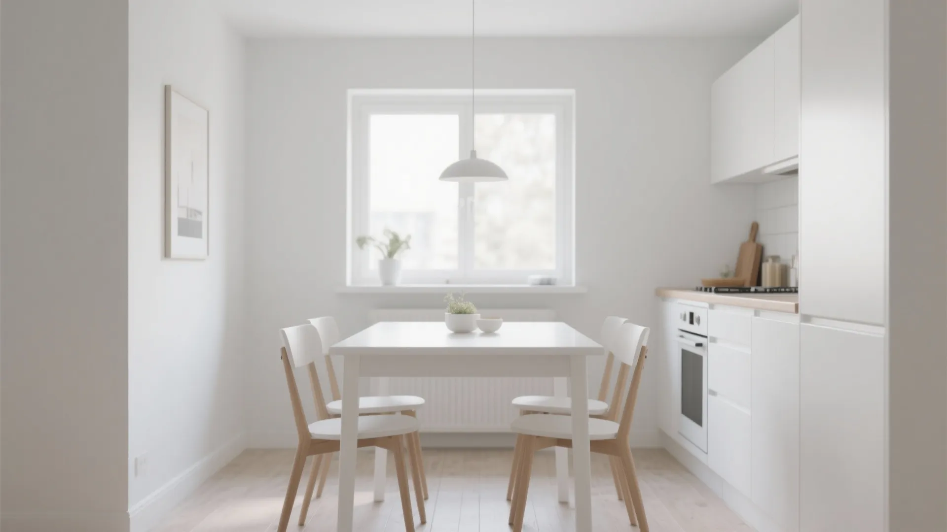 Minimalist white dining table and four chairs in a bright white kitchen under a window