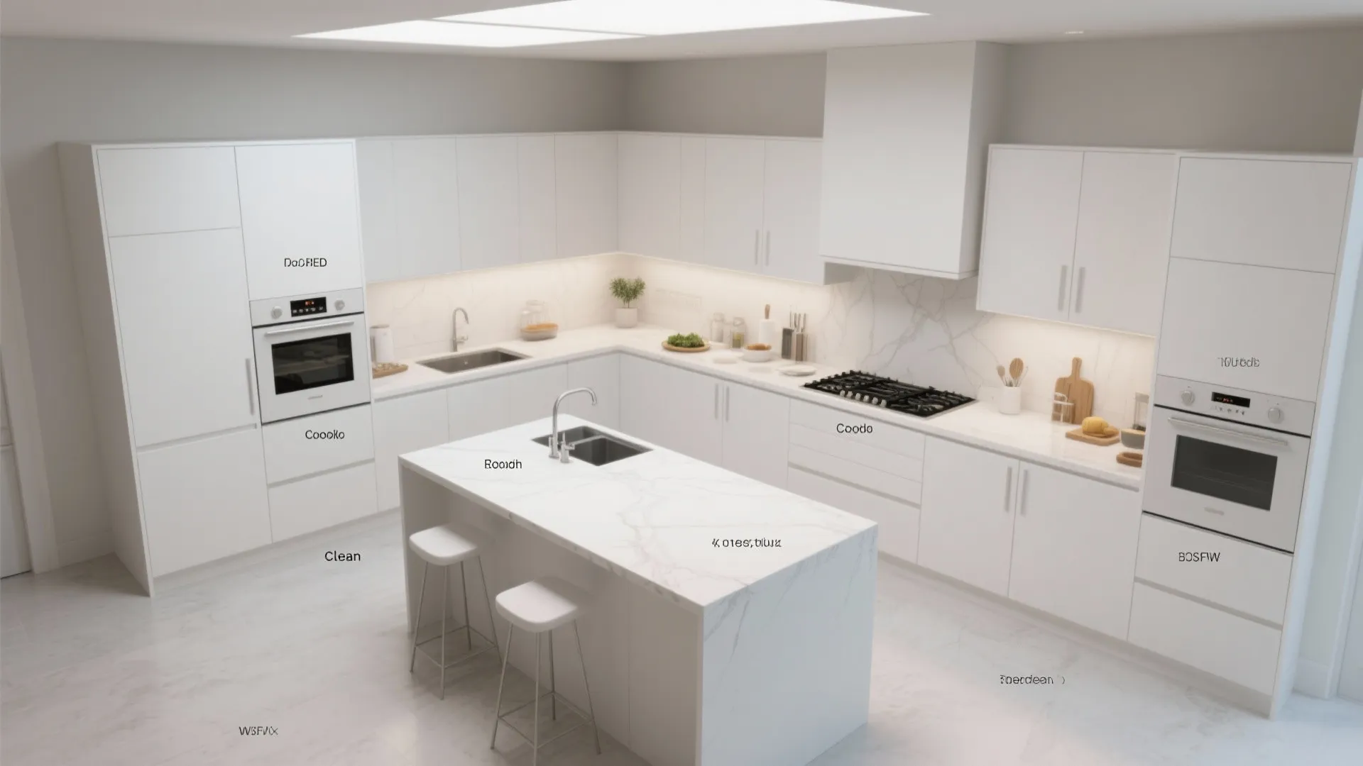 Modern white kitchen interior design with marble island stools cabinets built in ovens and natural light