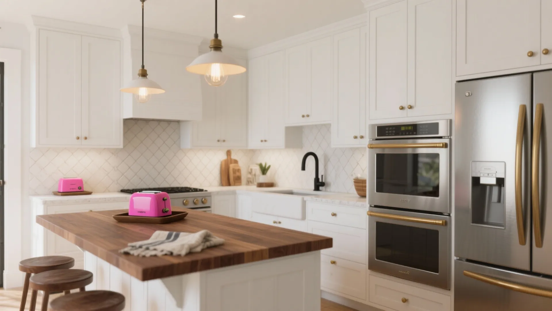 Bright white kitchen with wooden island counter plus pink toaster and built-in double oven appliances
