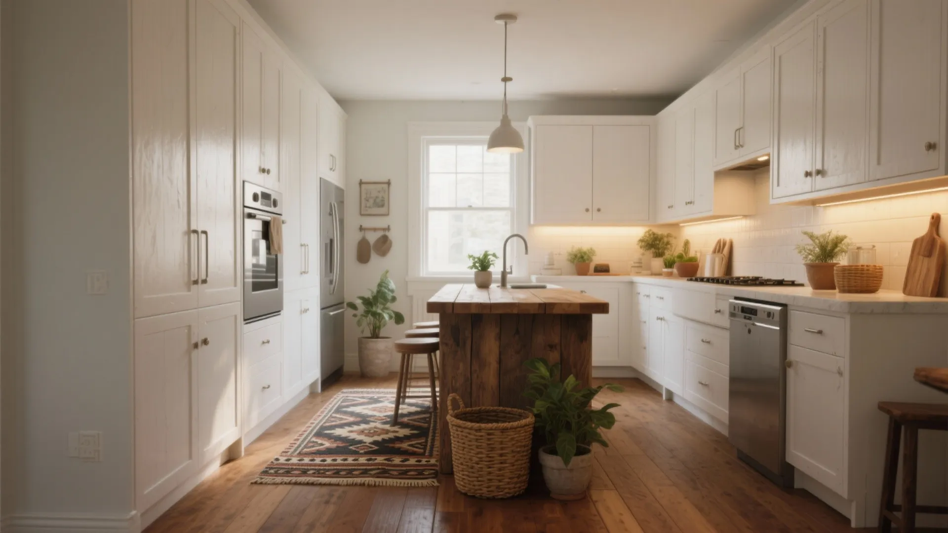 Bright farmhouse kitchen with white cabinets wooden island rug wooden floor ceiling light and green plants