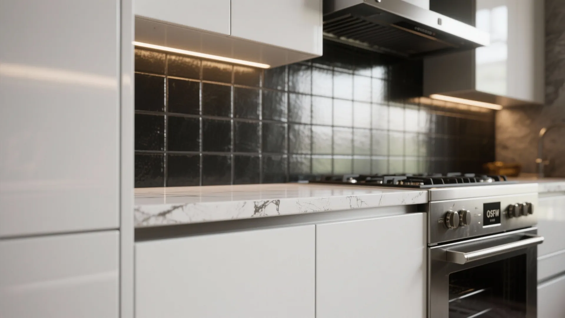 5. Mixed Materials: White Lacquer + Black Metal Accent Backsplash