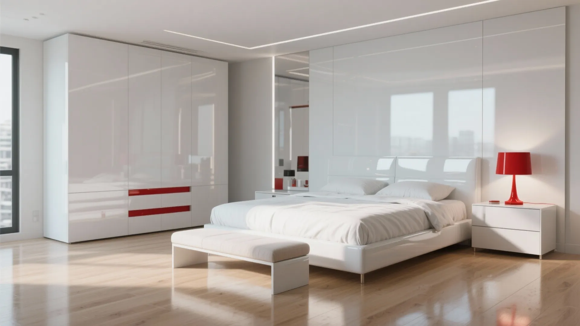 5. Minimalist modern with white lacquer and red accents