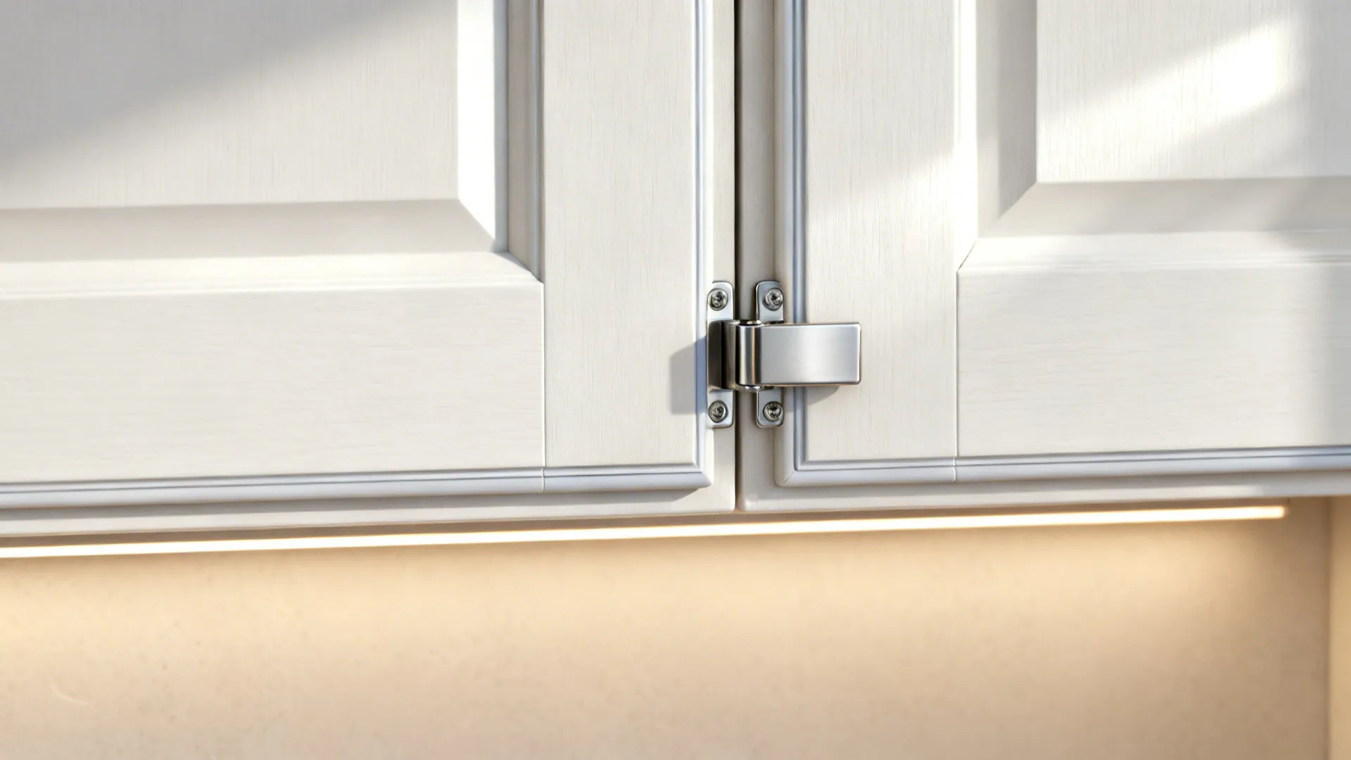 Macro view of matte white laminate door with clean PVC edge and stainless soft-close hinge.