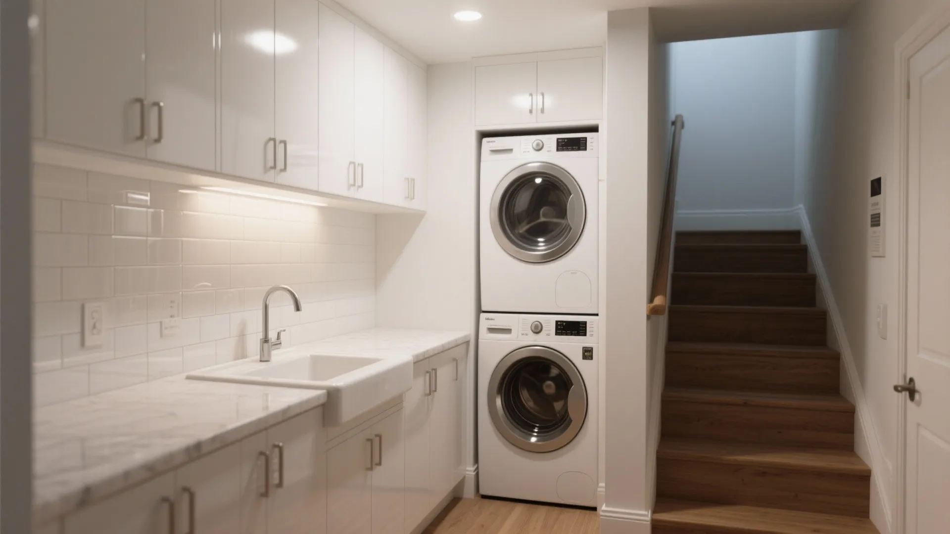 Modern white laundry room with stacked washing machine dryer white cabinets sink and wooden stairs view