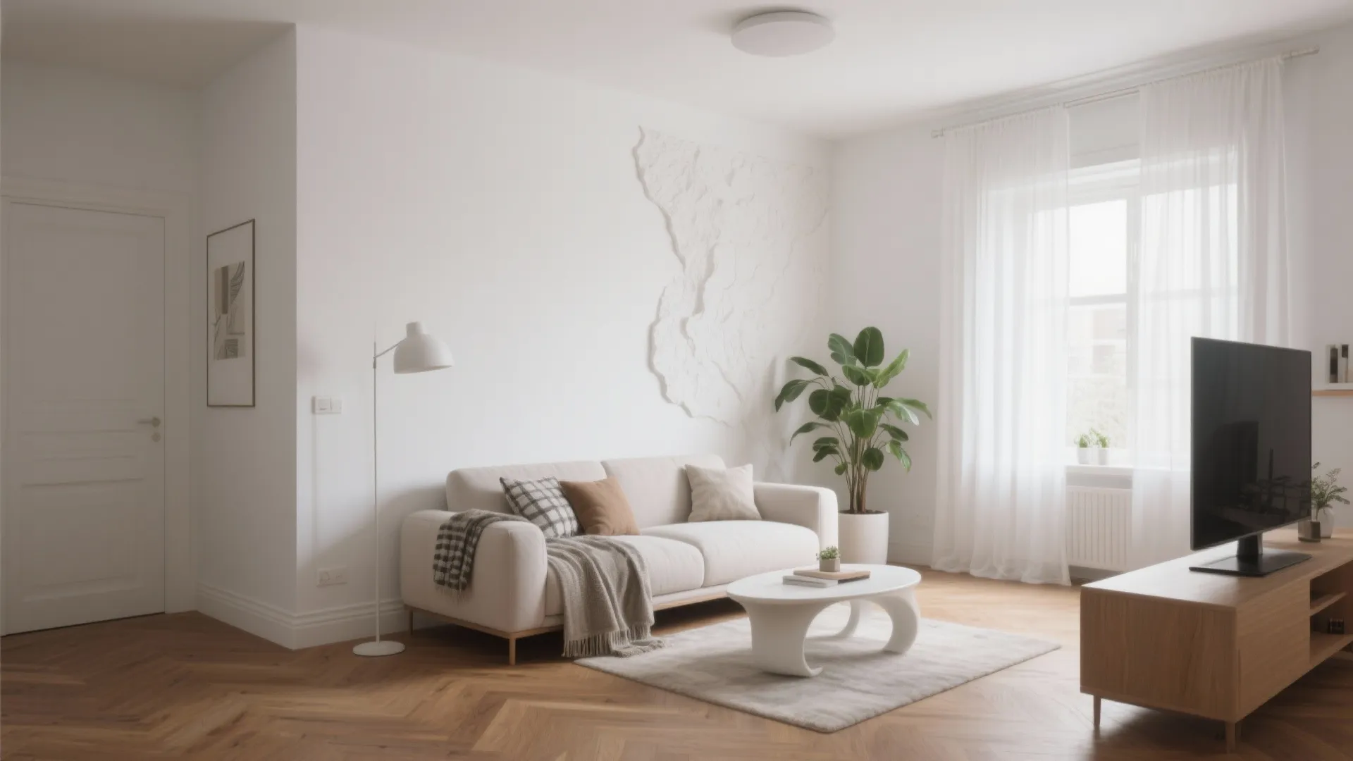 Bright living room with white sofa floor lamp green plant wooden floor and television cabinet