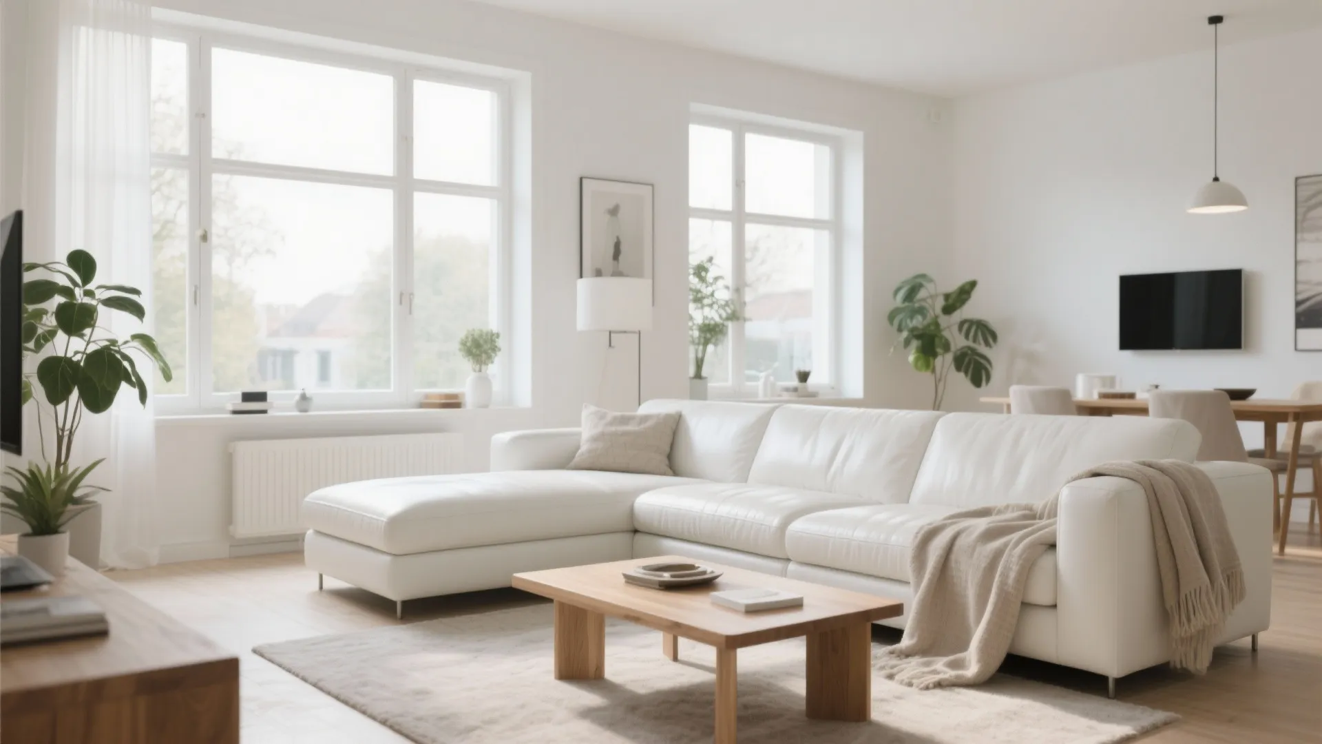 Bright living room featuring white sofa with beige blanket and wooden coffee table near windows