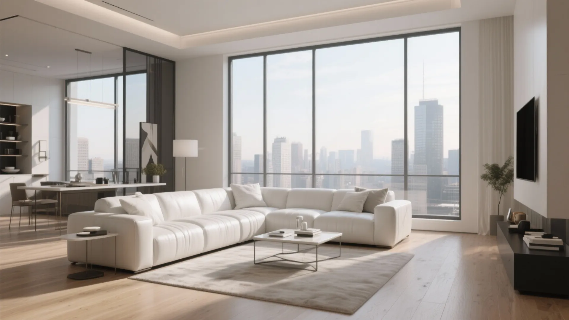 Modern bright living room with white leather sofa large windows city view and wooden floor