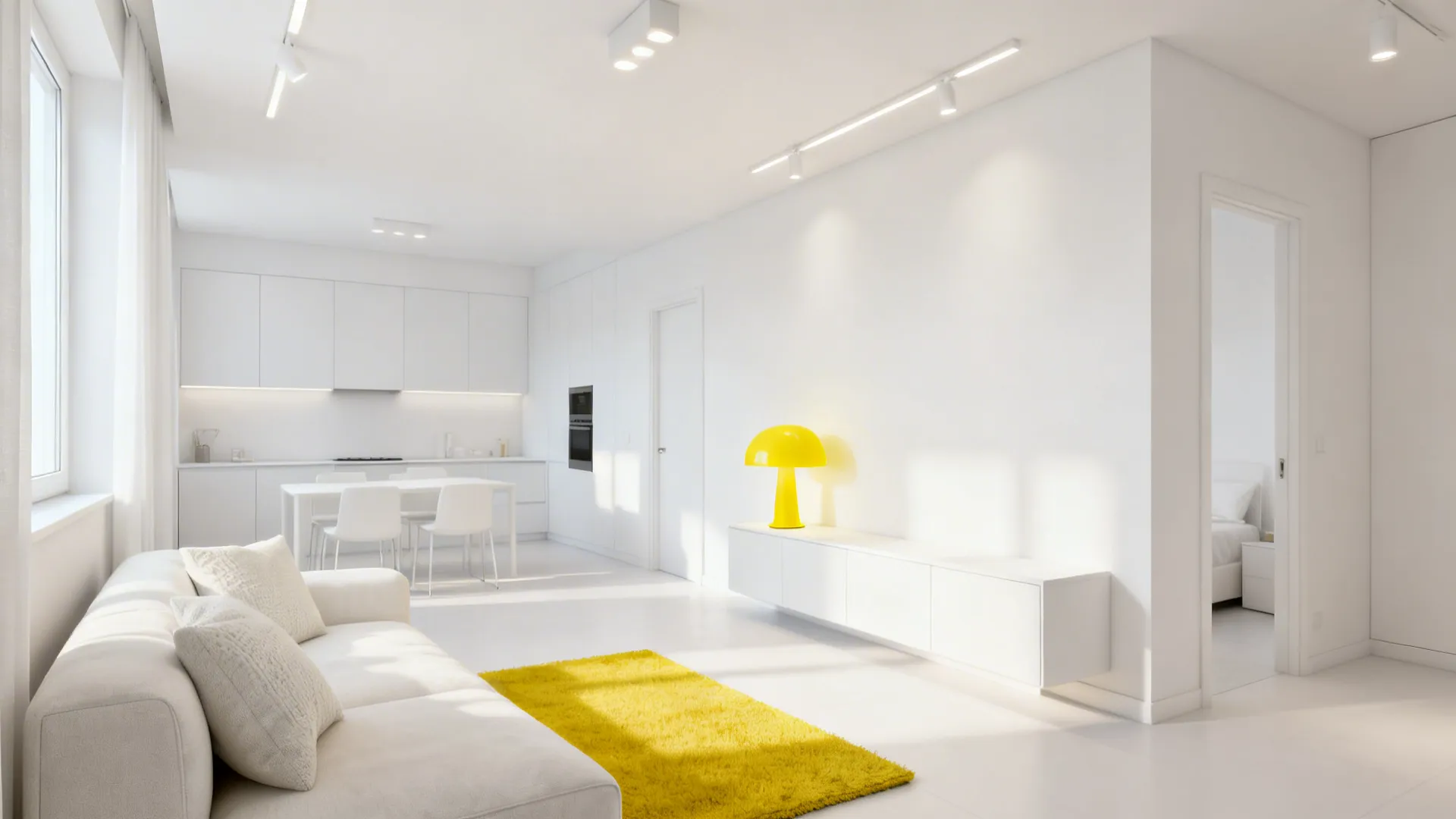 Minimalist white living room with a pop of lemon-yellow from a lamp and rug.