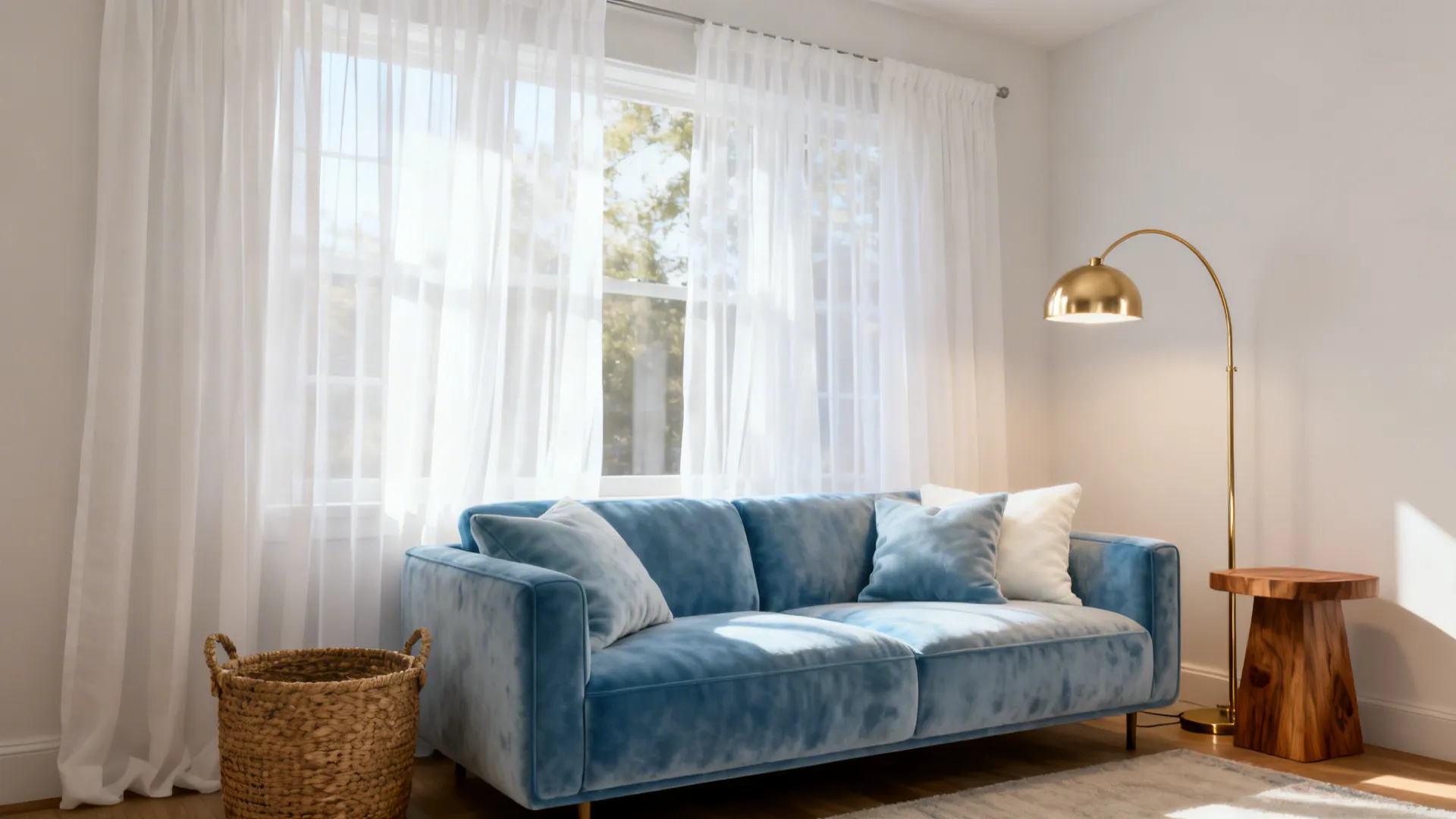 Bright living room featuring a blue sofa white curtains gold floor lamp and wooden table