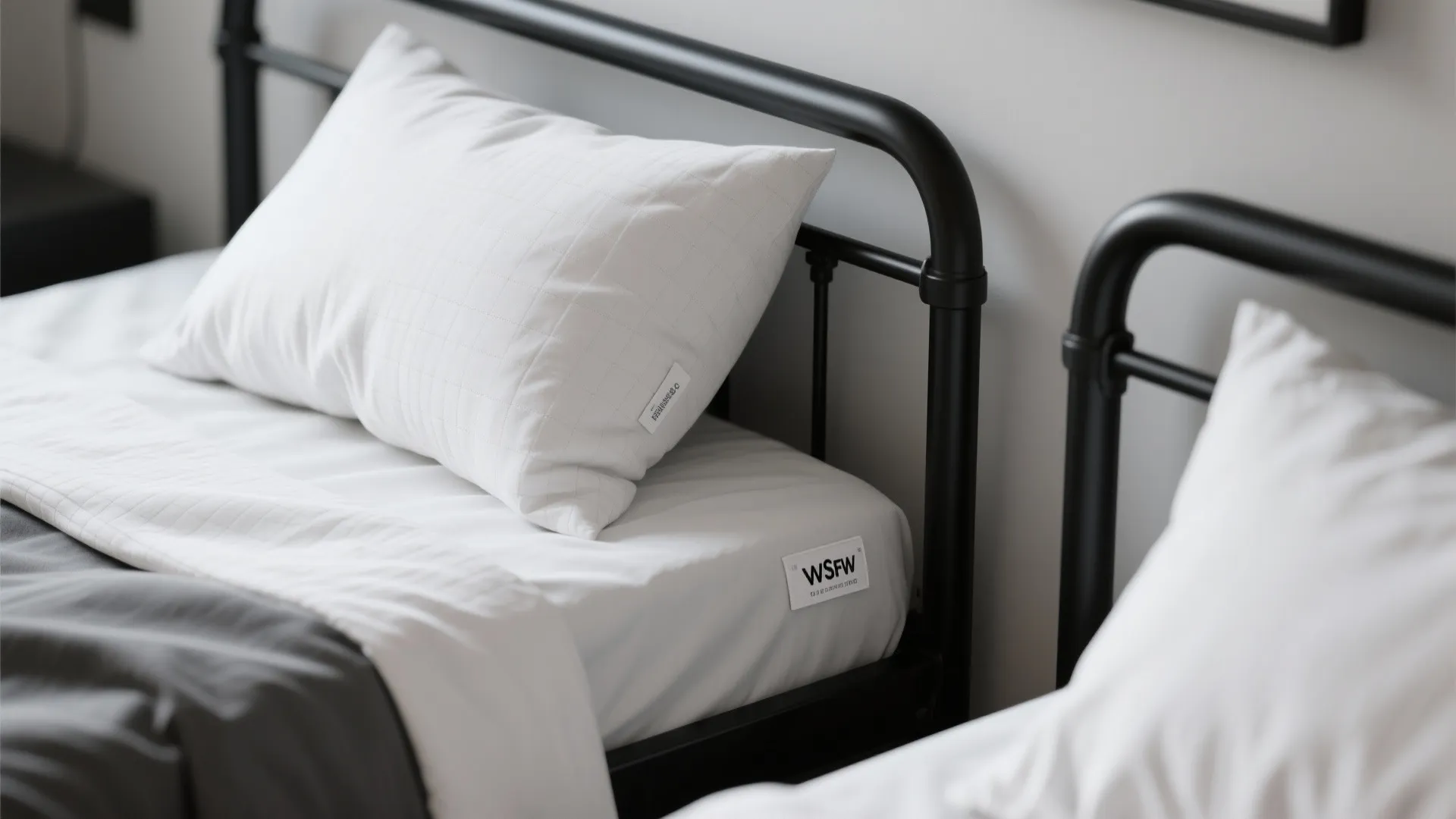 Close up of two black metal bed frames with white pillows and clean white bedding