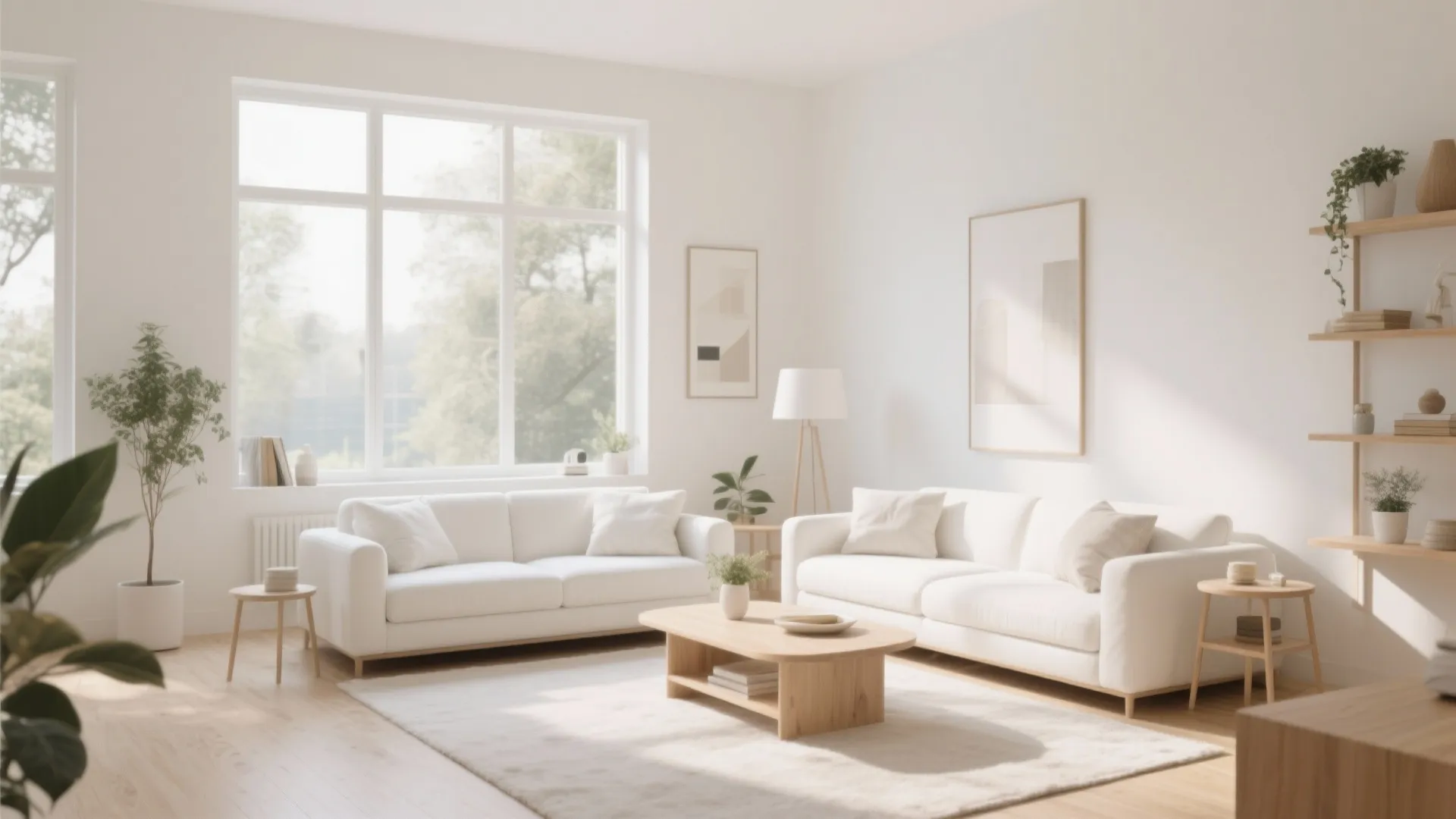 Bright white living room with two sofas wooden coffee table large window and light wood flooring