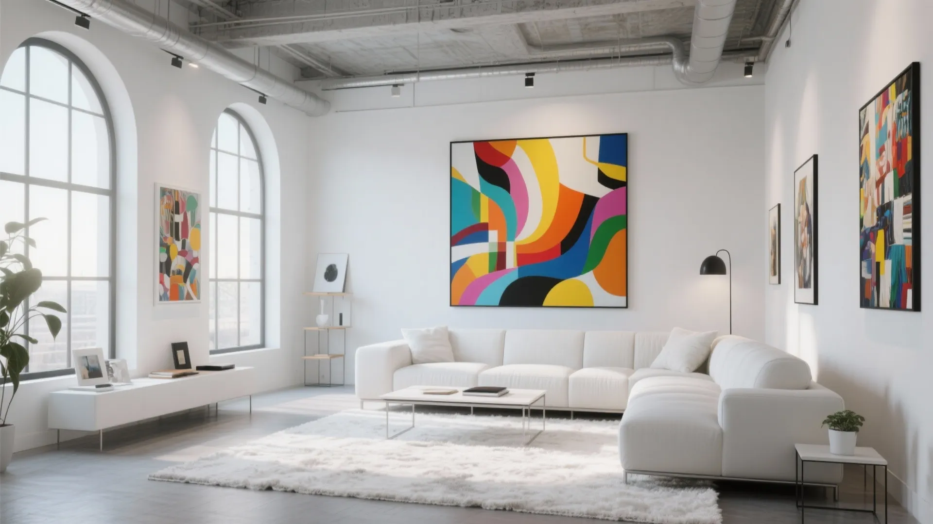 Industrial loft living room with large colorful wall painting white sofa white rug and big windows
