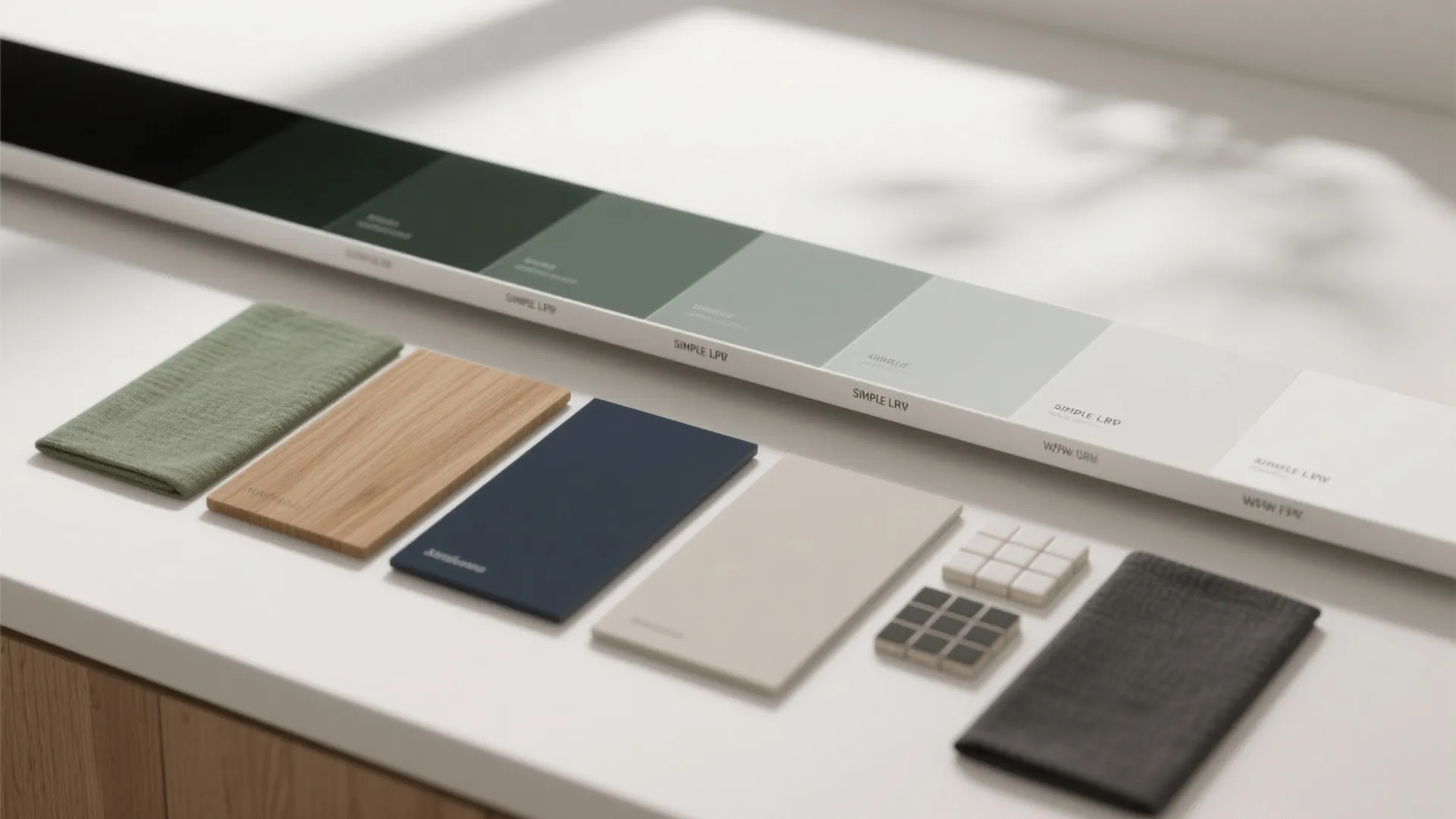 Interior design material board with green blue and wood samples next to a color palette