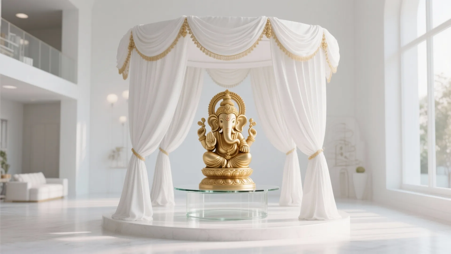 Gold statue on glass table under white curtain canopy in bright modern white living room interior