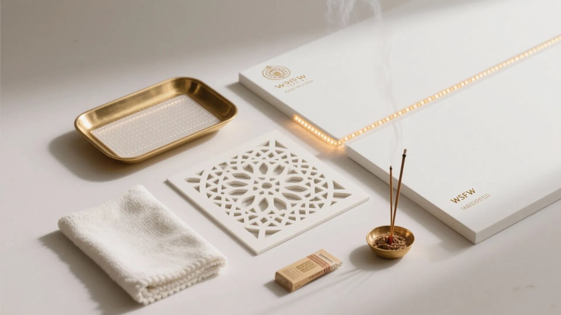 Flatlay of white PU-painted panels, warm LED strip, brass tray, and jali sample for a mandir.