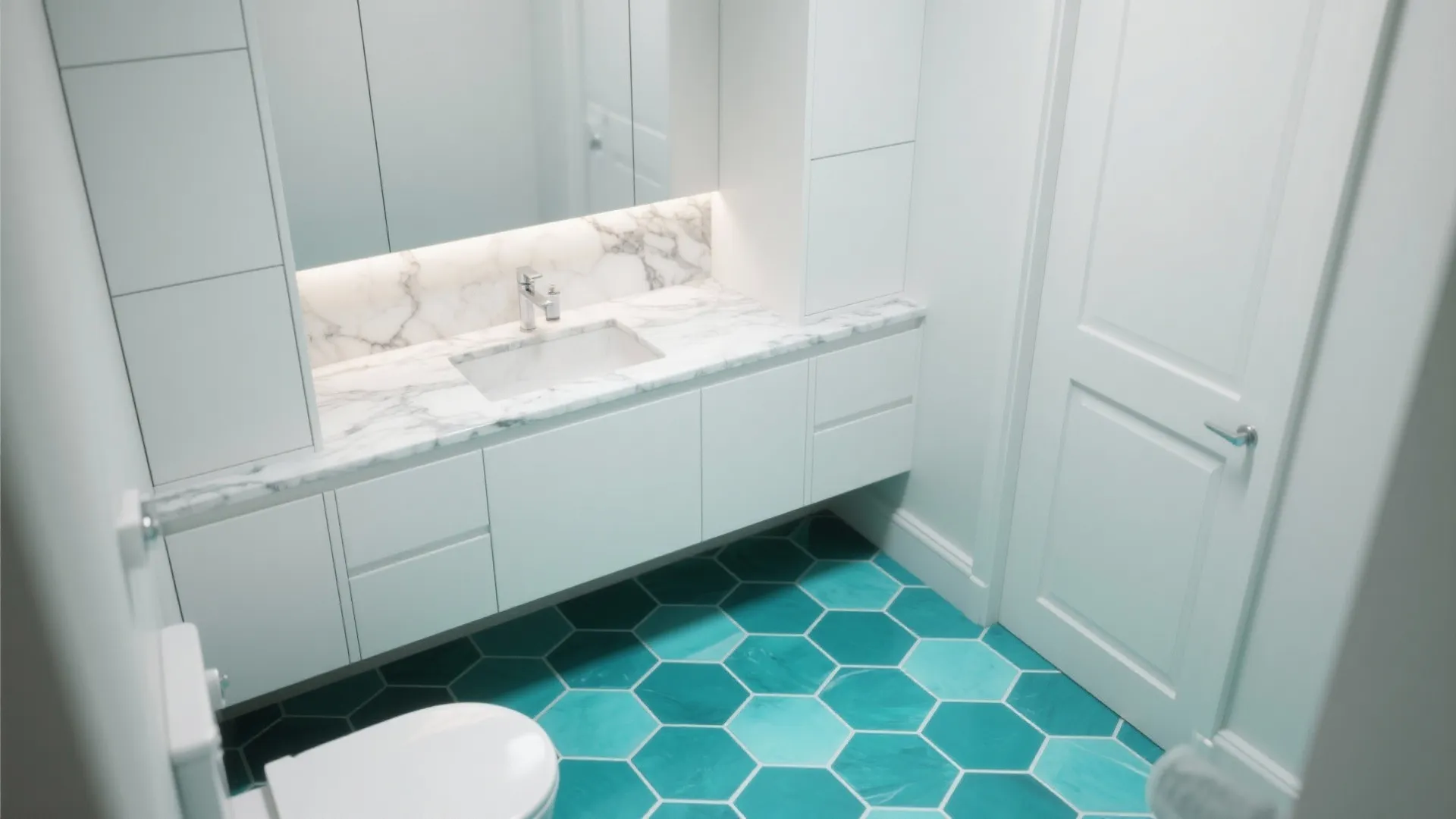 White Contrast with Turquoise and Marble Accents