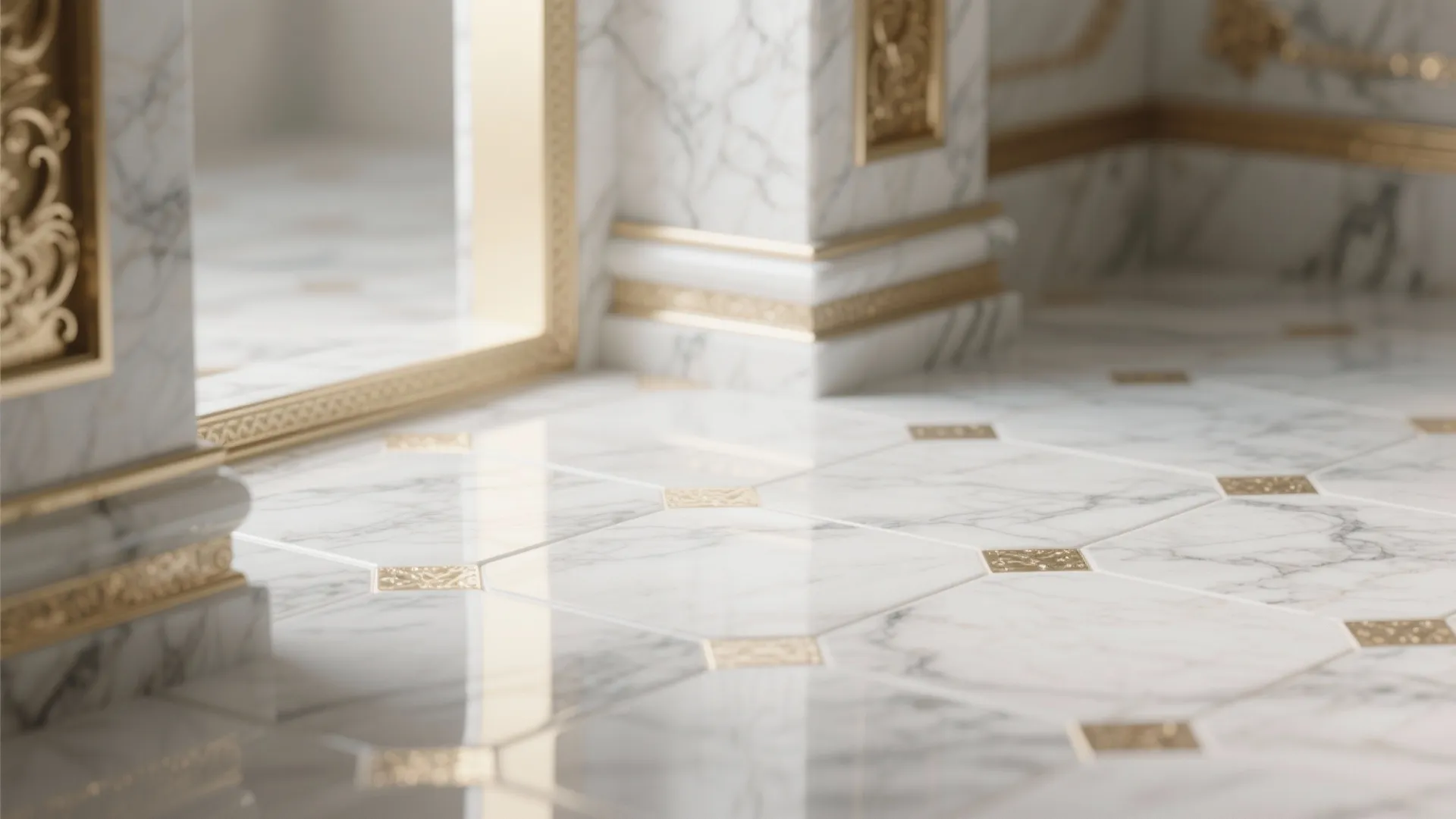 Polished white marble floor tiles with gold square accents and matching marble wall panels in room