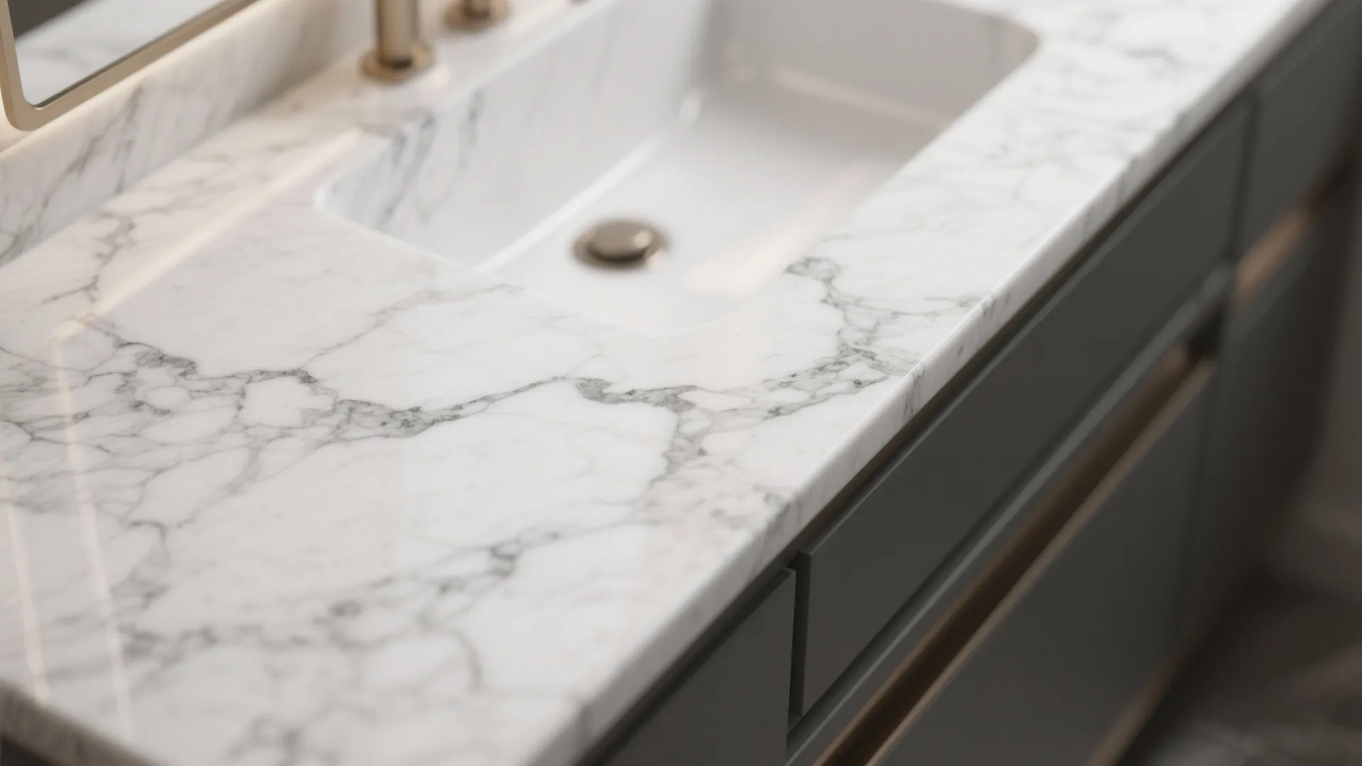 Close up of white marble bathroom countertop with grey patterns above a simple white sink