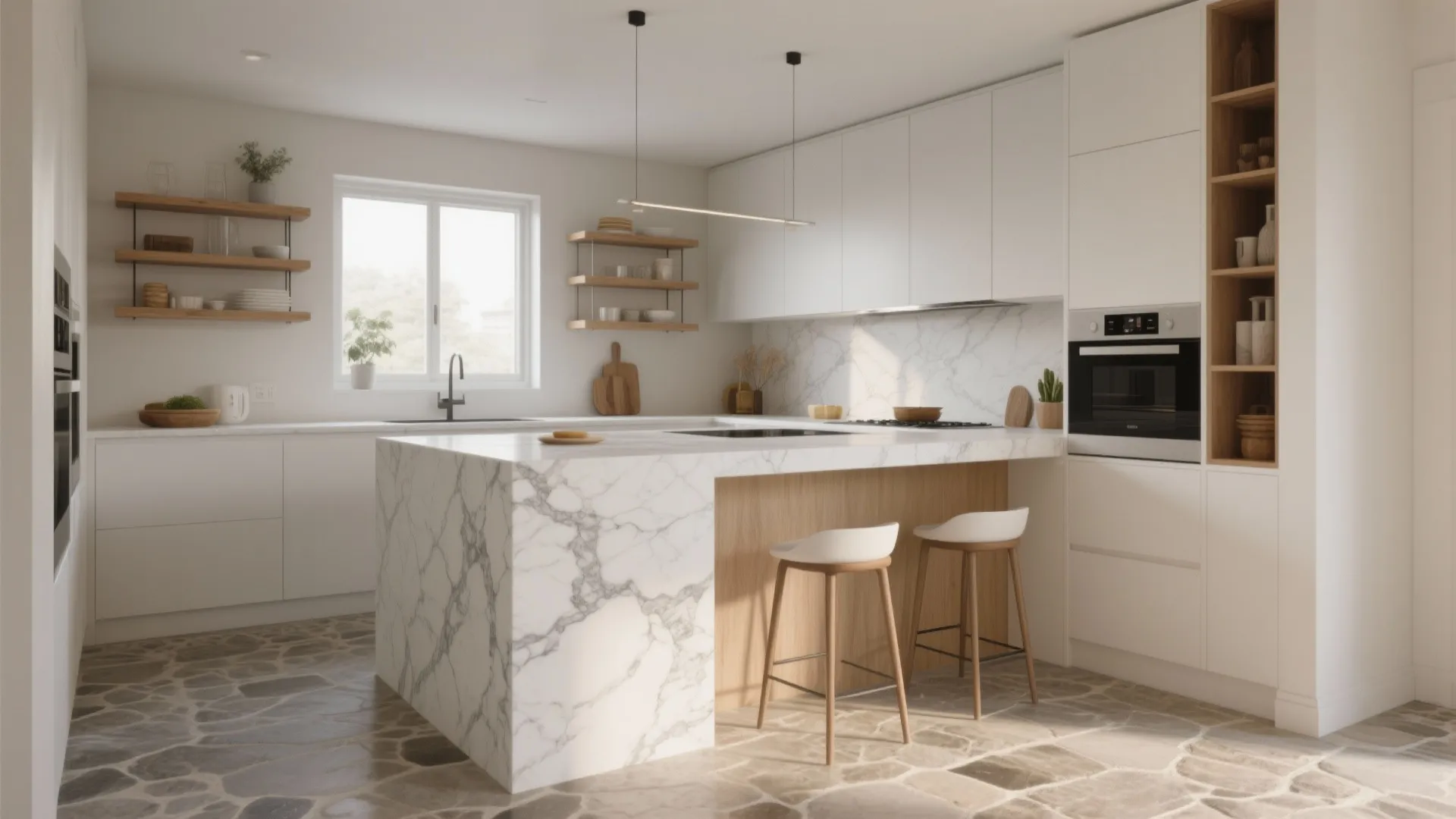 Bright white kitchen featuring marble island wooden accents open shelving and stone floor tile pattern