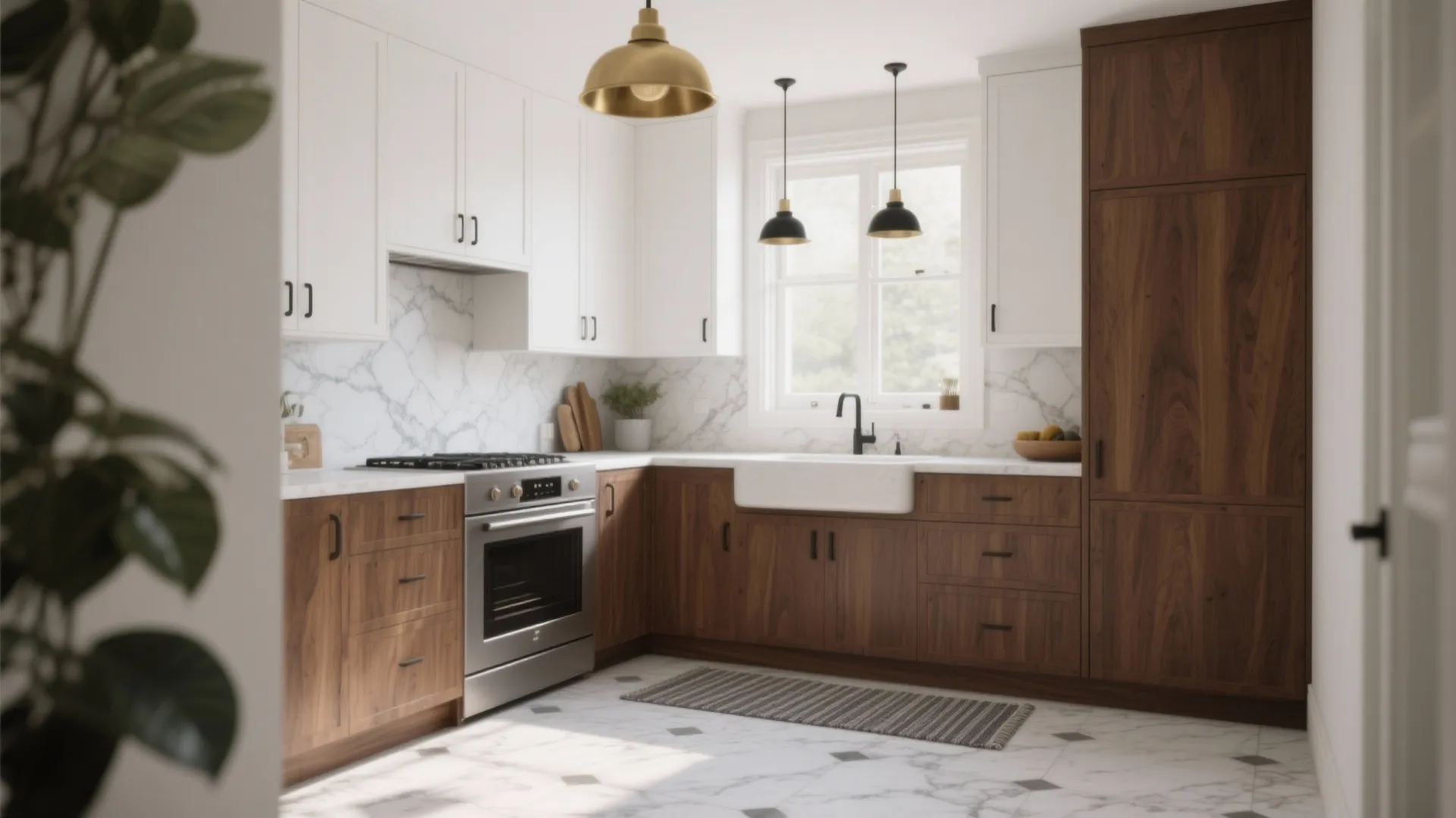 Modern kitchen featuring brown wooden lower cabinets white upper cabinets marble wall and gold ceiling light