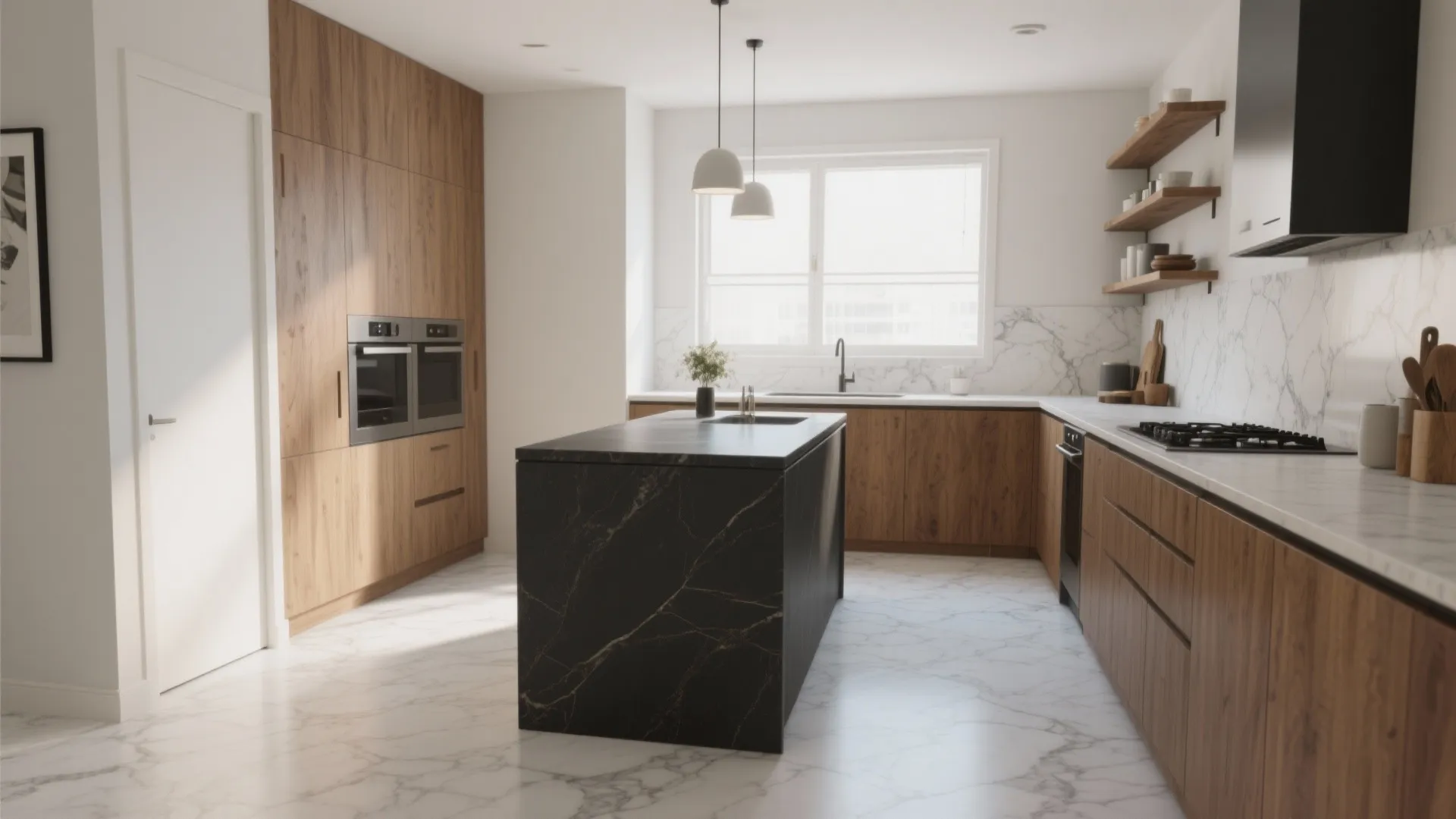 Interior design drawing of kitchen with dark island, wood cabinets, marble floor, and white walls