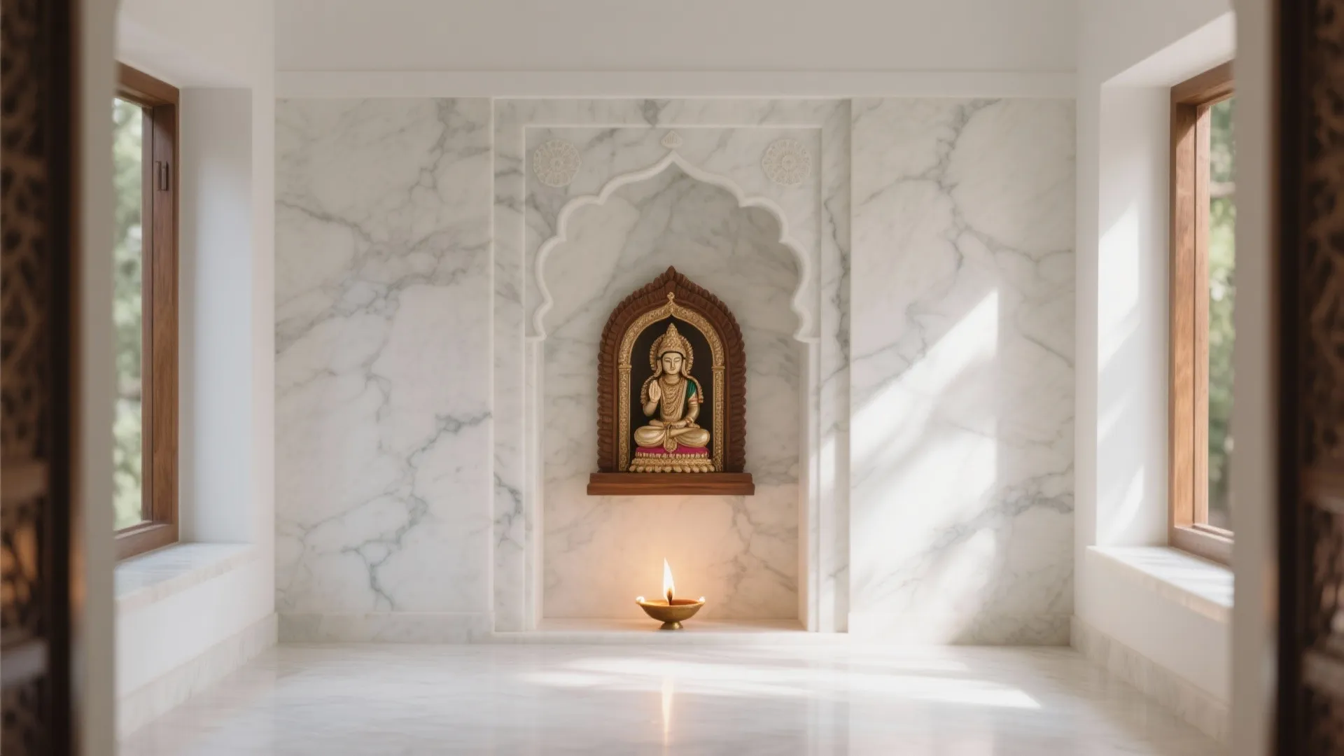 Minimalist white marble prayer room with wooden statue in wall niche and small oil lamp