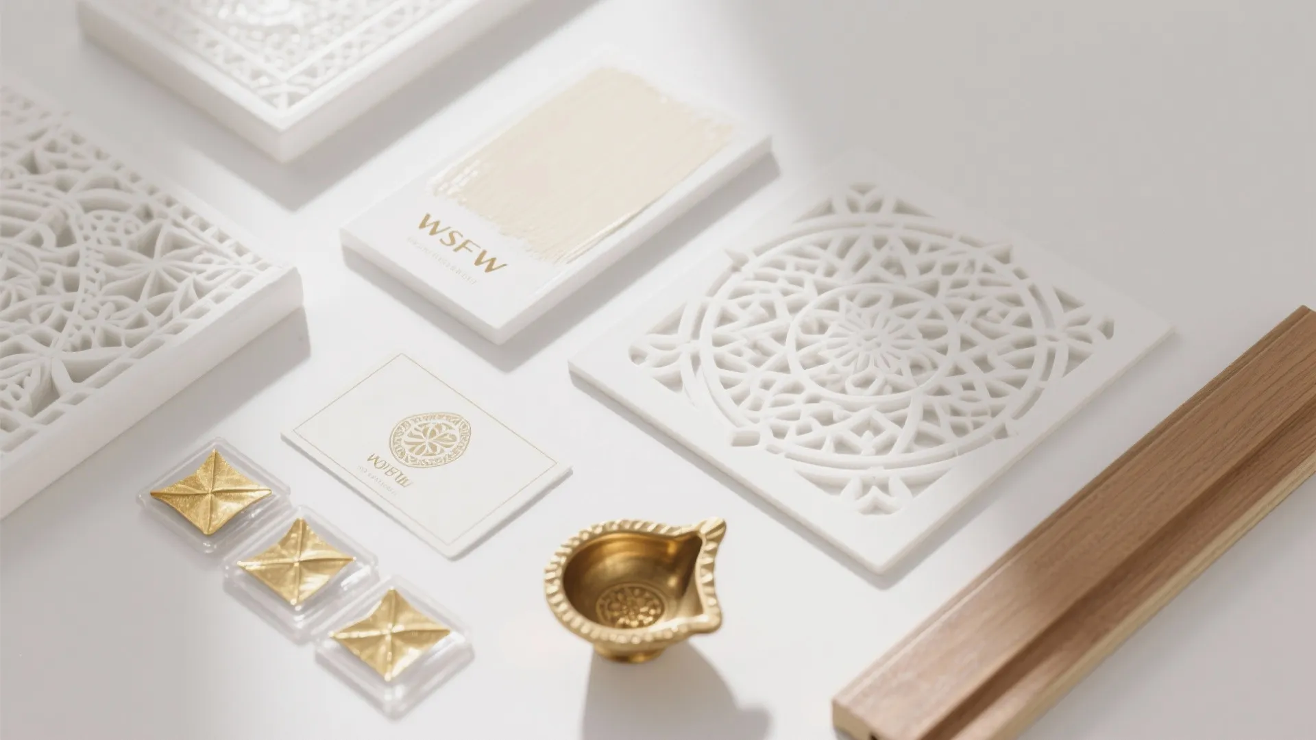 Top-down flatlay of warm white paint, ivory stencil, gold leaf, brass diya, and wood trim.