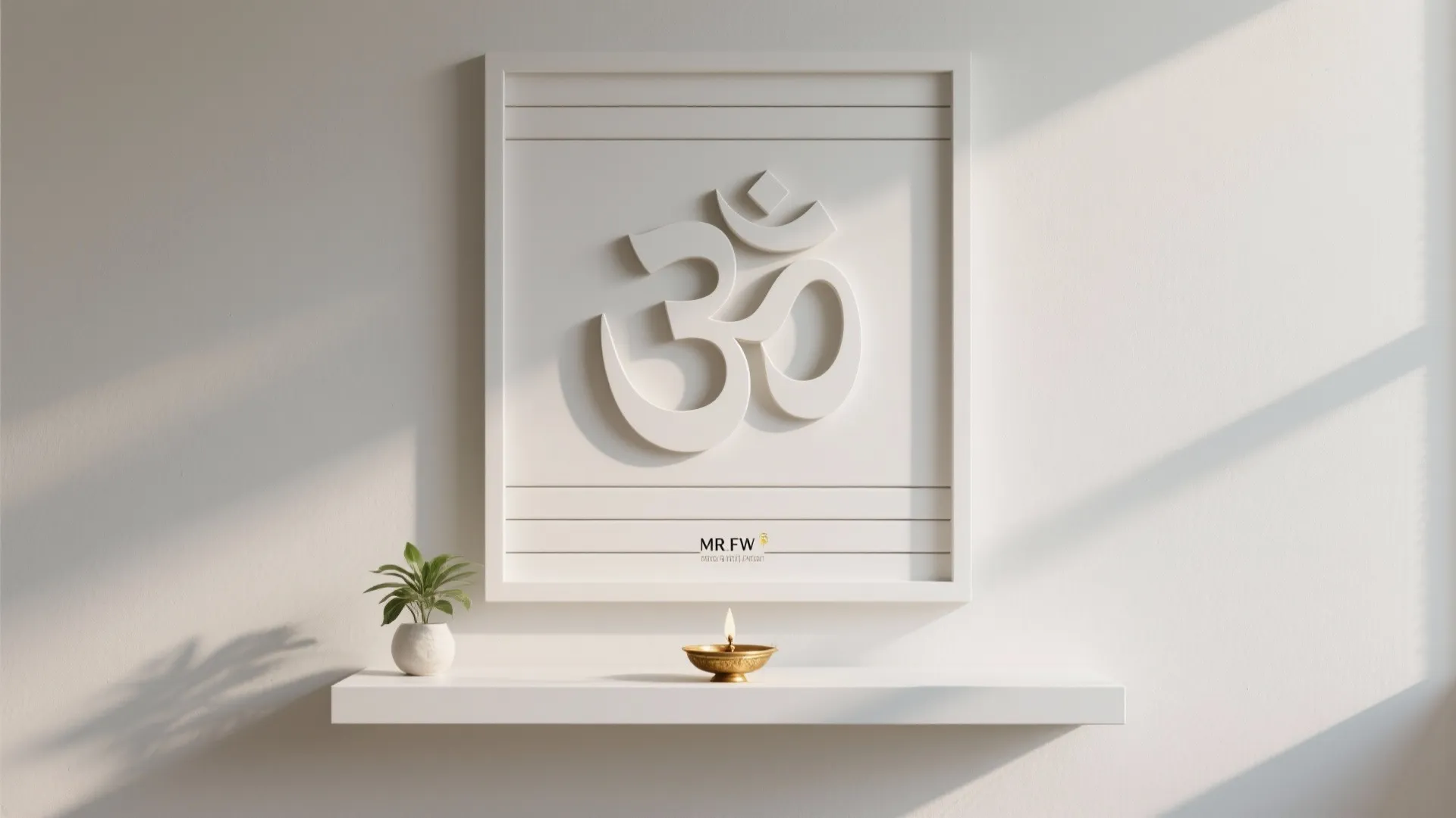 Minimalist white MDF OM panel with delicate shadow lines on a calm pooja wall.