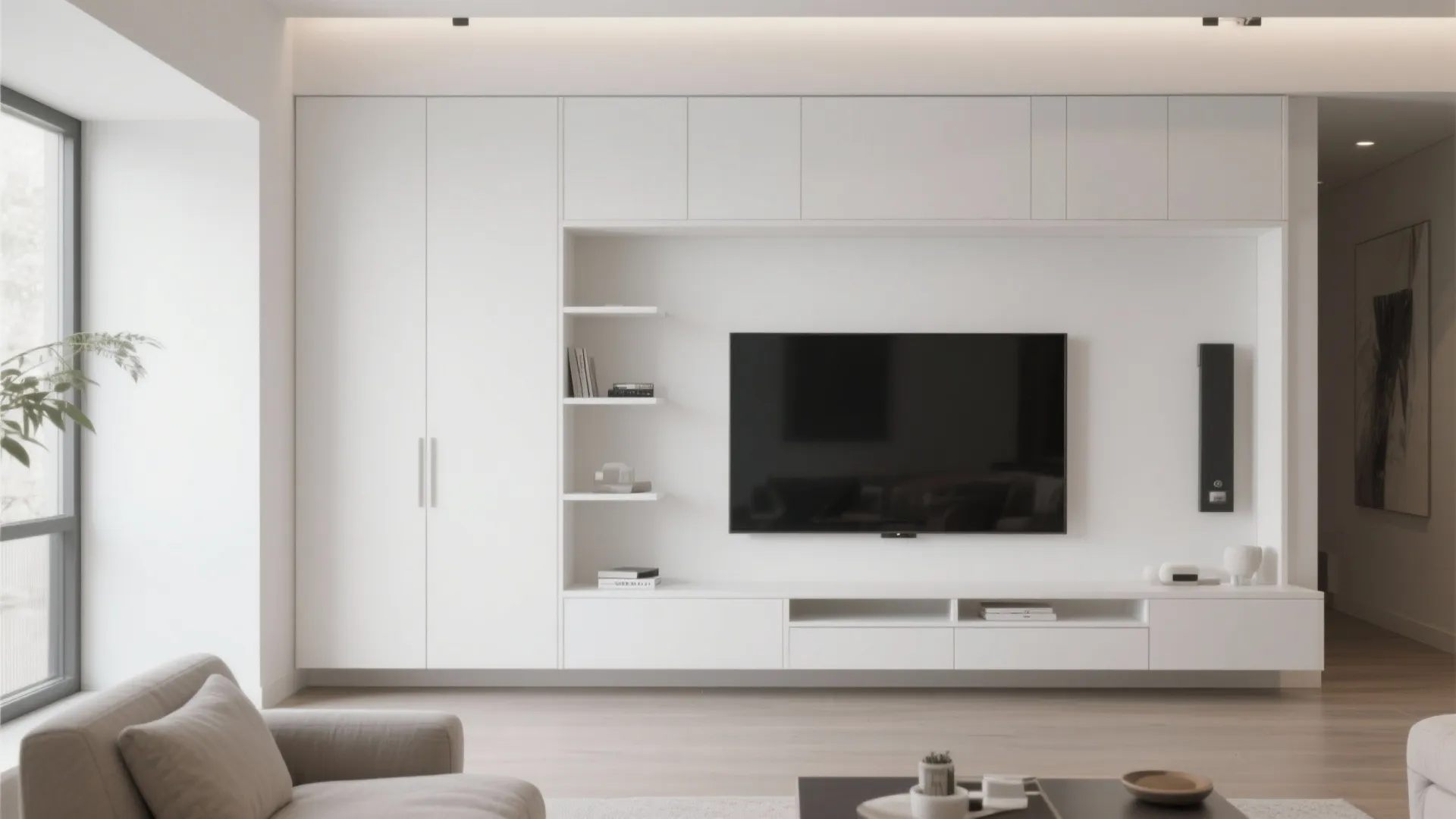 Minimalist white living room featuring a custom wall cabinet with integrated television and storage shelves
