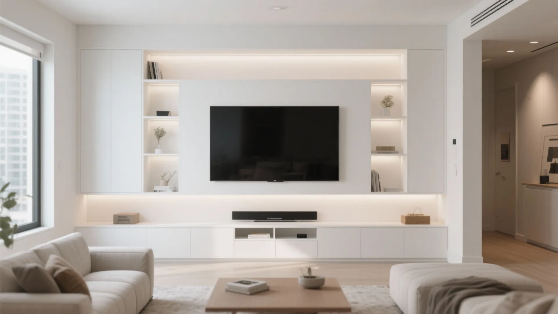Modern white wall cabinet system with television, built-in shelf lighting, and clean storage units below