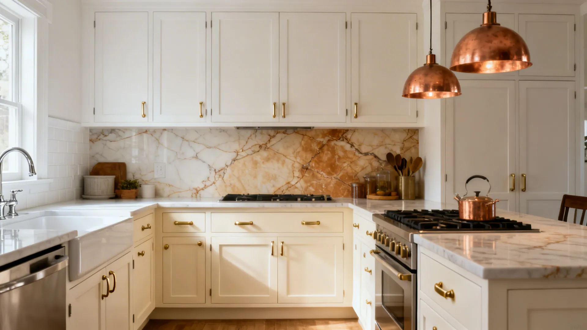 Before-and-after view showing cool white with nickel versus warm white with brass and copper accents.
