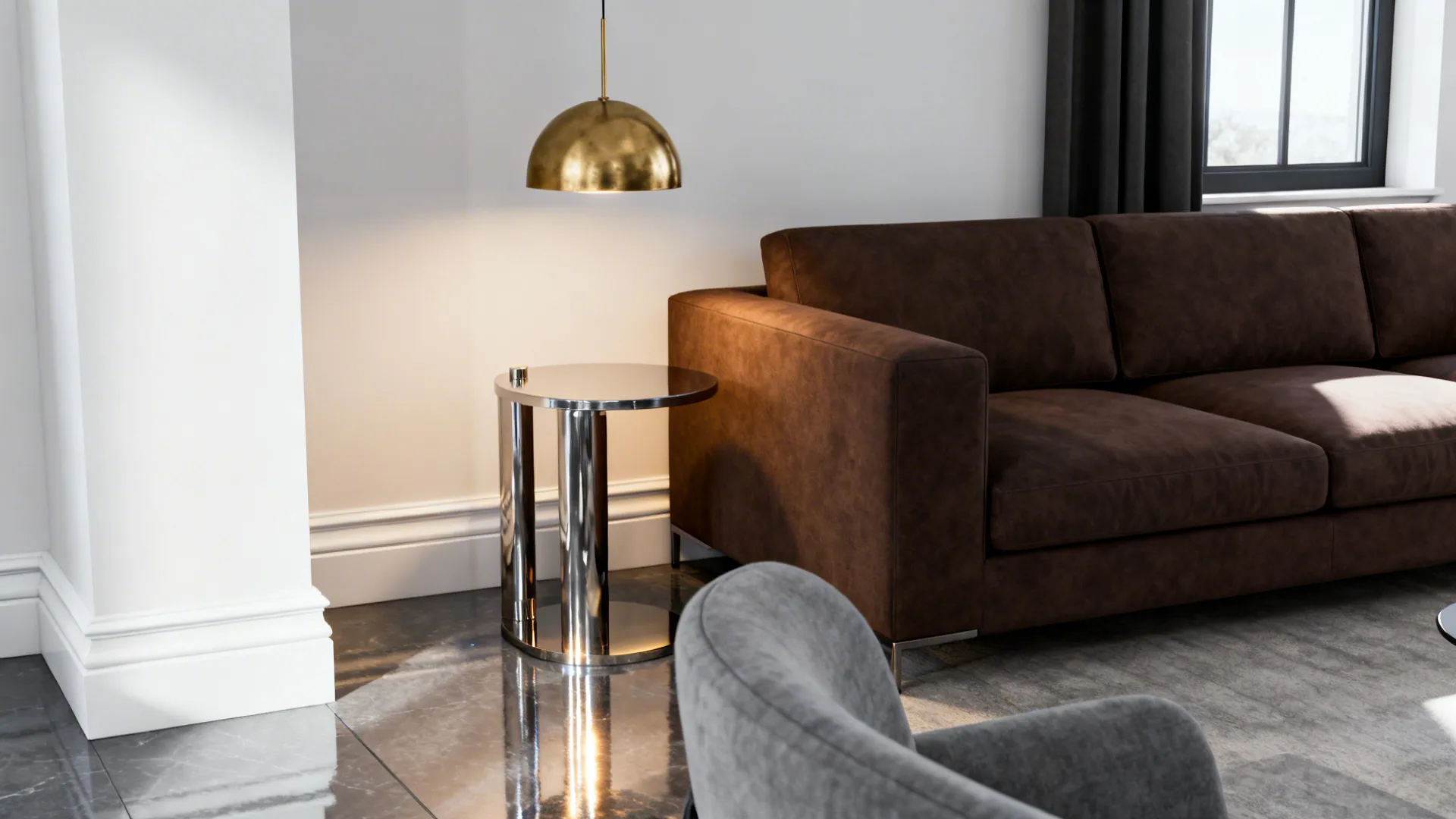 Chocolate seating with crisp white trim and brushed brass lighting in a modern corner