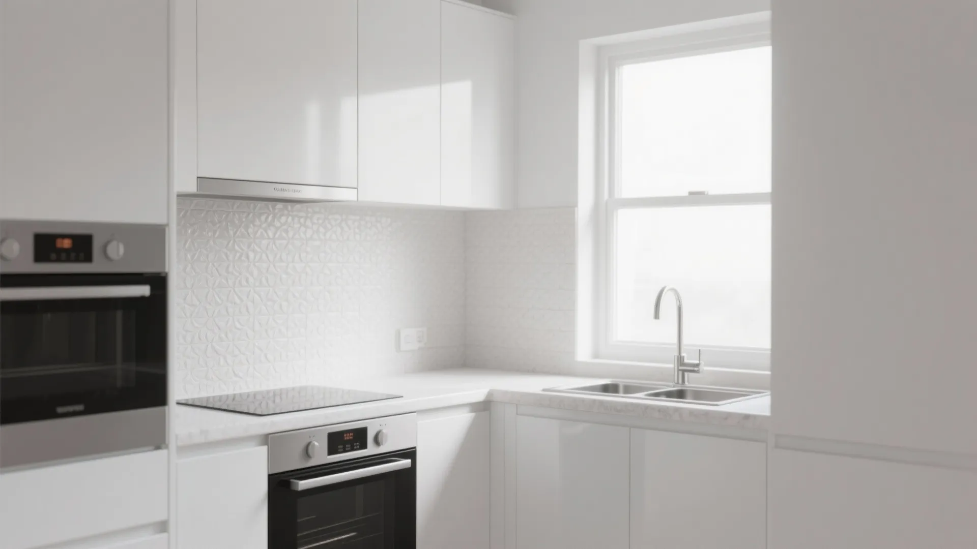 Minimalist white kitchen with glossy cabinets, textured tile backsplash, silver faucet, double sink, and oven