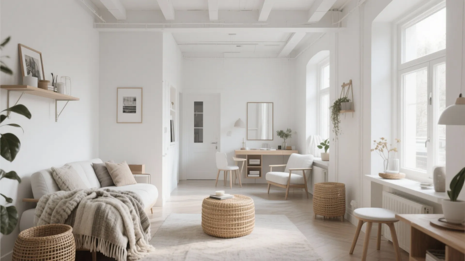 Bright minimalist living room with white sofa and footrest plus wooden furniture under high white ceilings