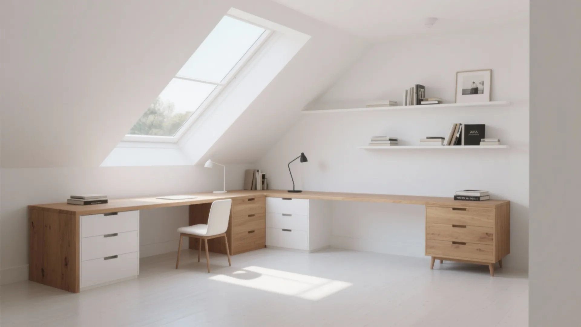 Minimalist attic home office with wooden desk white chair roof window wall shelves and natural lighting