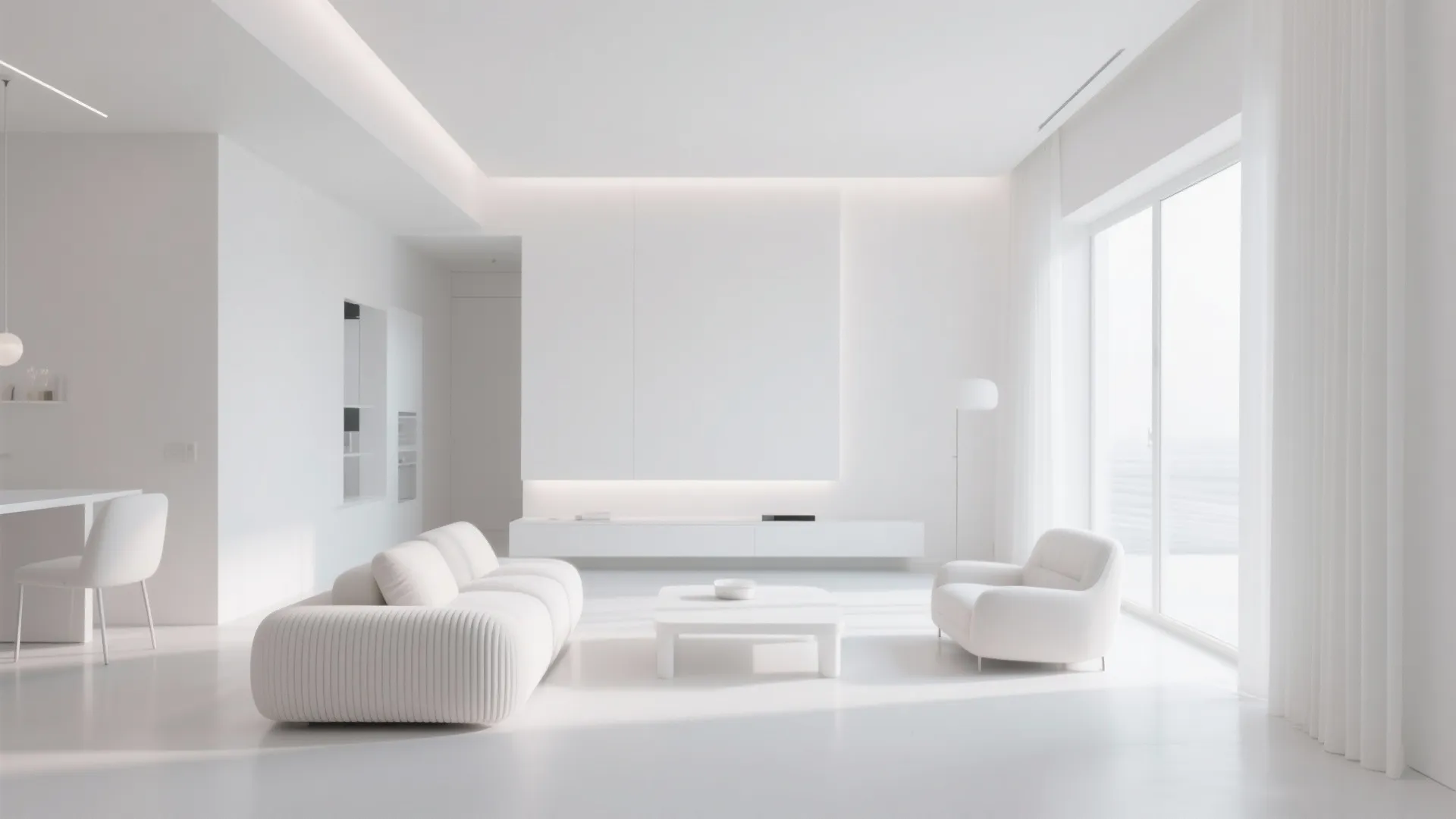 Minimalist all white living room with modern sofa arm chair large windows and hidden lighting