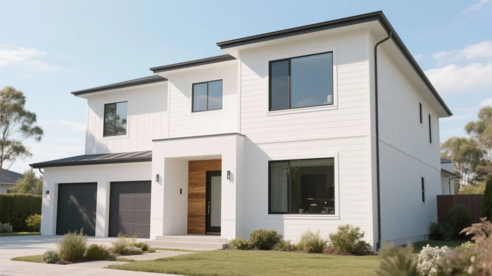 Modern two-story white house exterior with black windows and a wooden front door at sunset