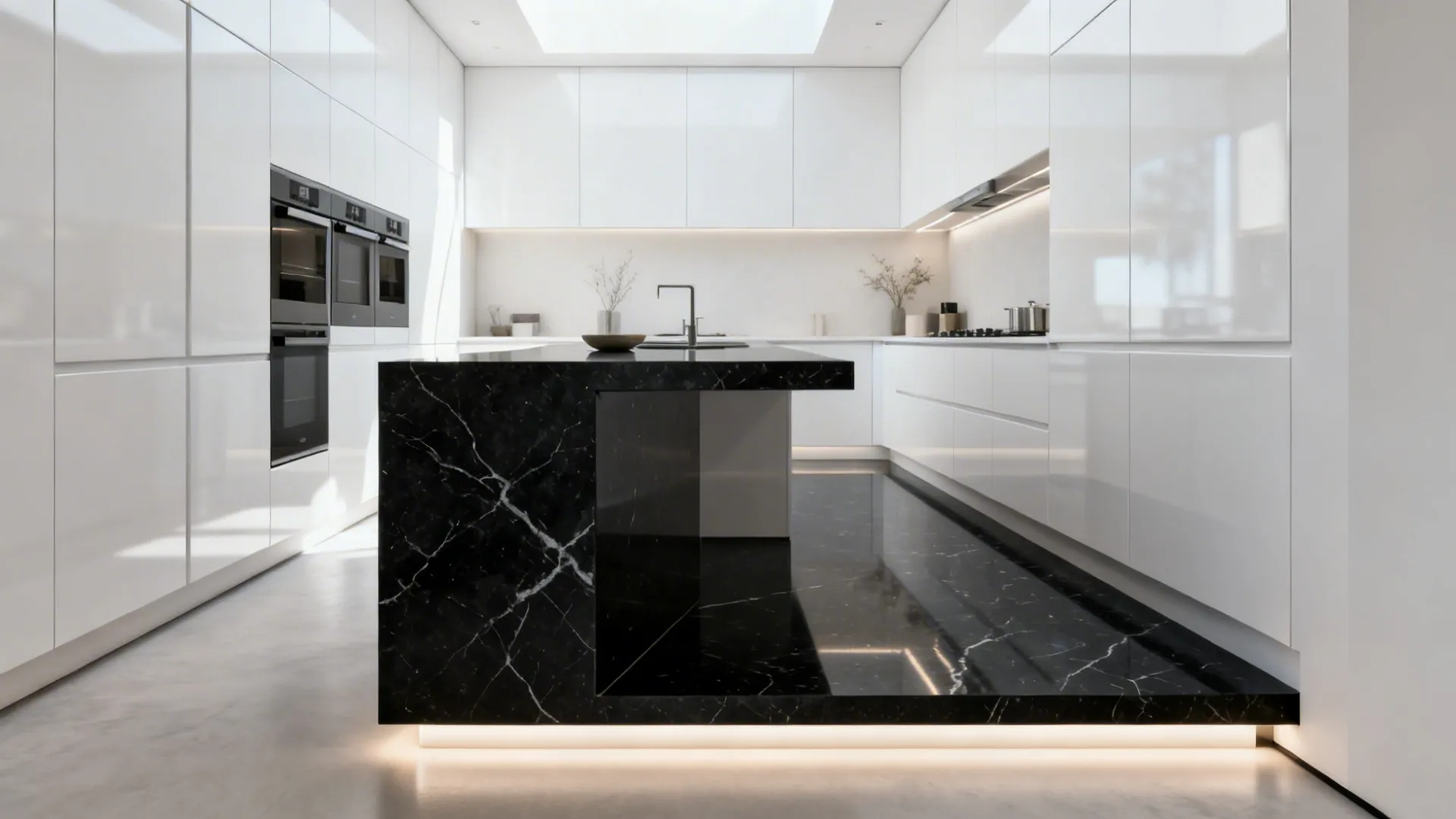 Satin white modular cabinets with a black granite waterfall island in a galley kitchen.
