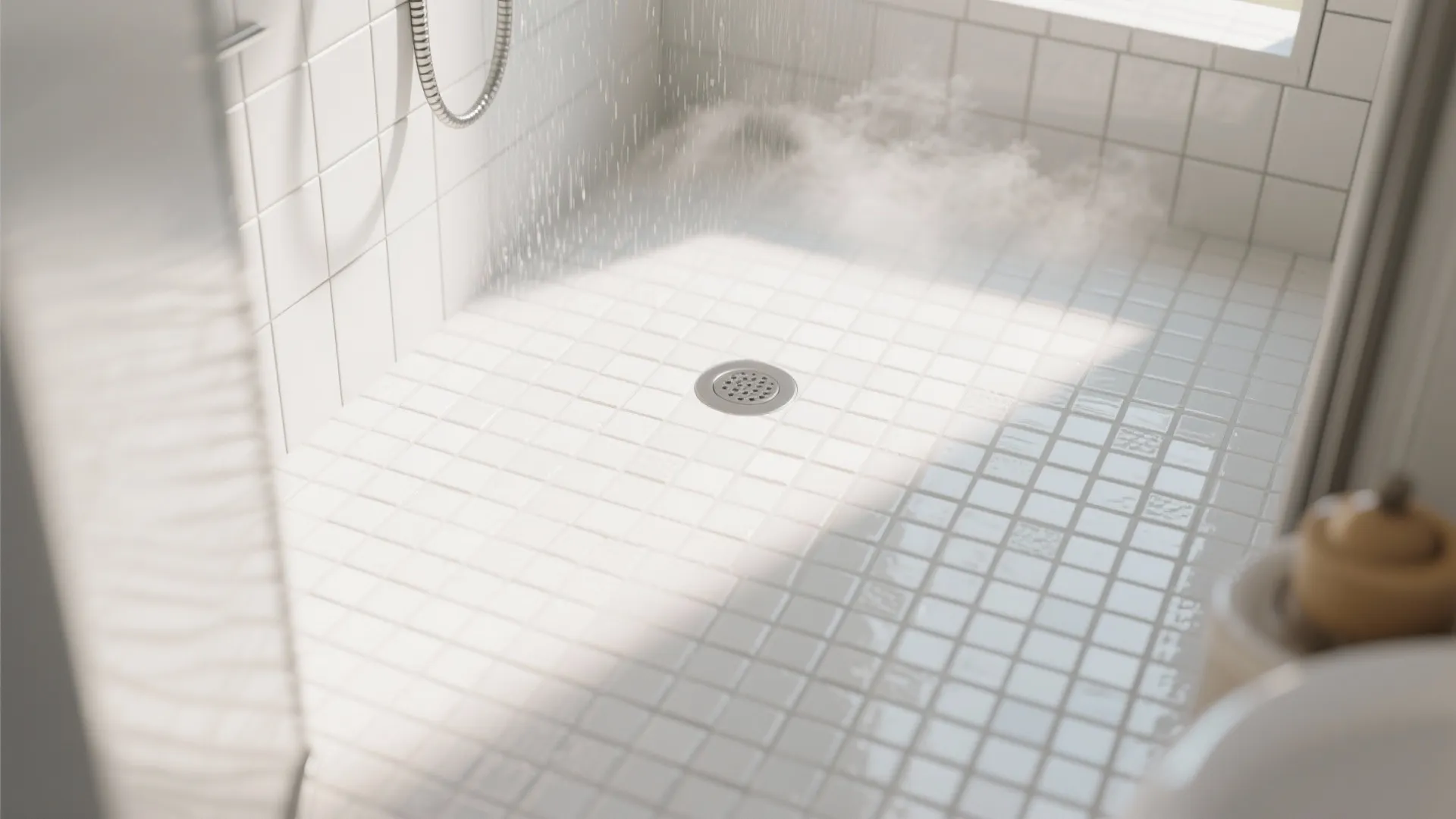 White square floor tiles in a shower area with water falling from a shower head