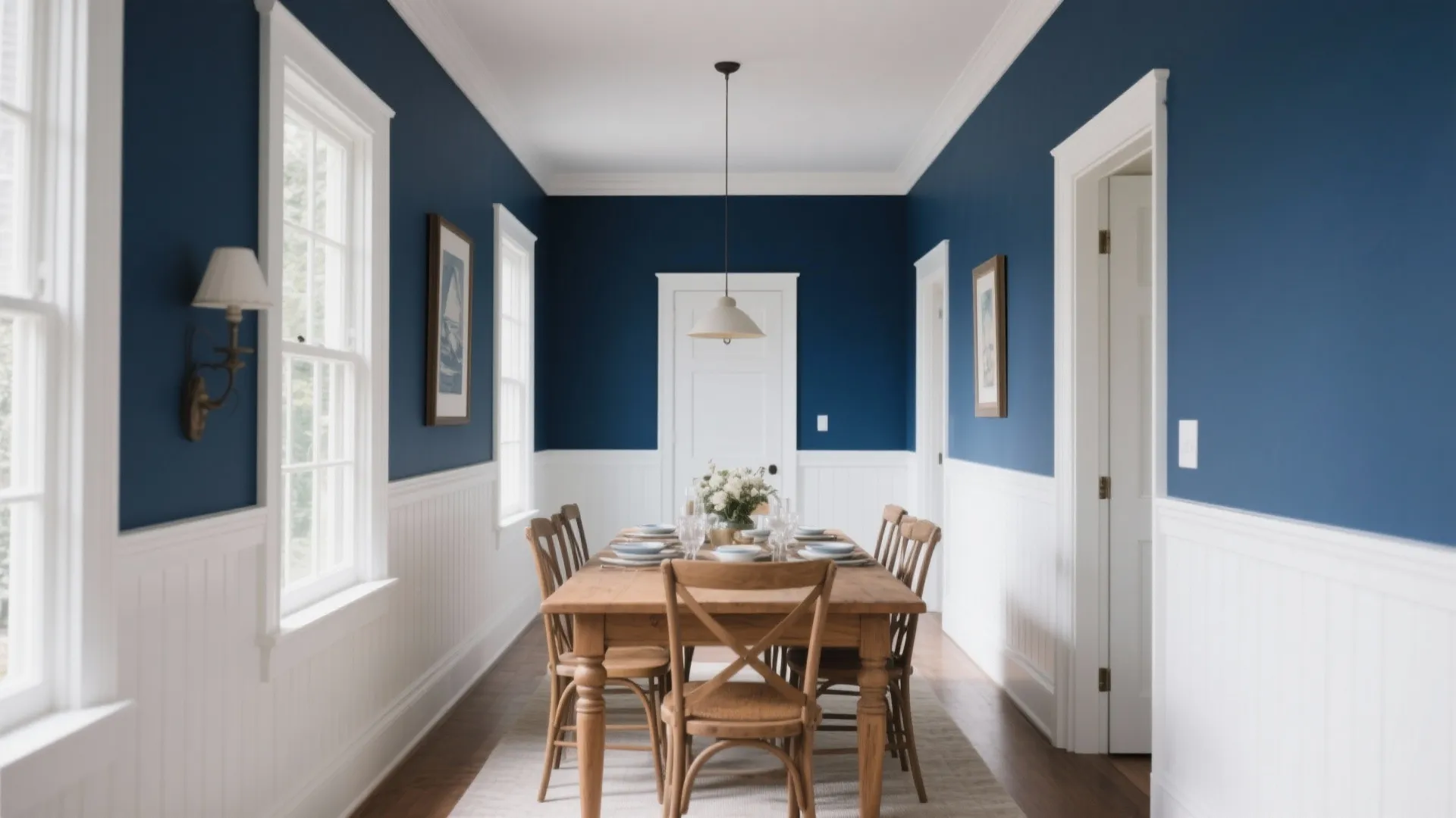 Long dining room with dark blue walls white wall panel wooden table chairs and natural light