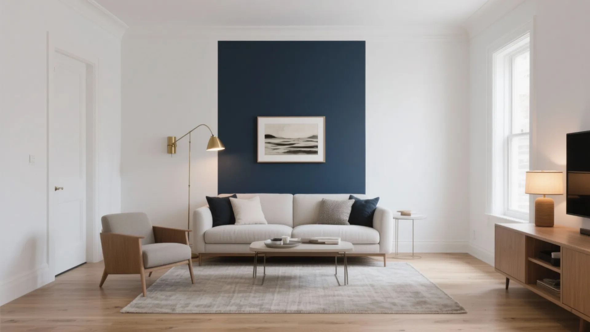 High-LRV Whites with Deep Navy Accent Wall