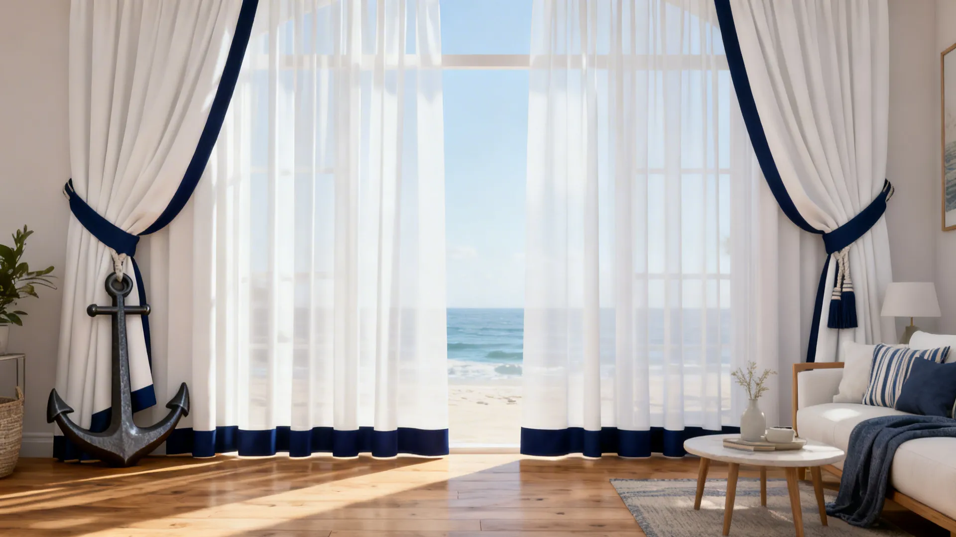 White layered curtains with navy trim and tiebacks in a coastal loft setting.
