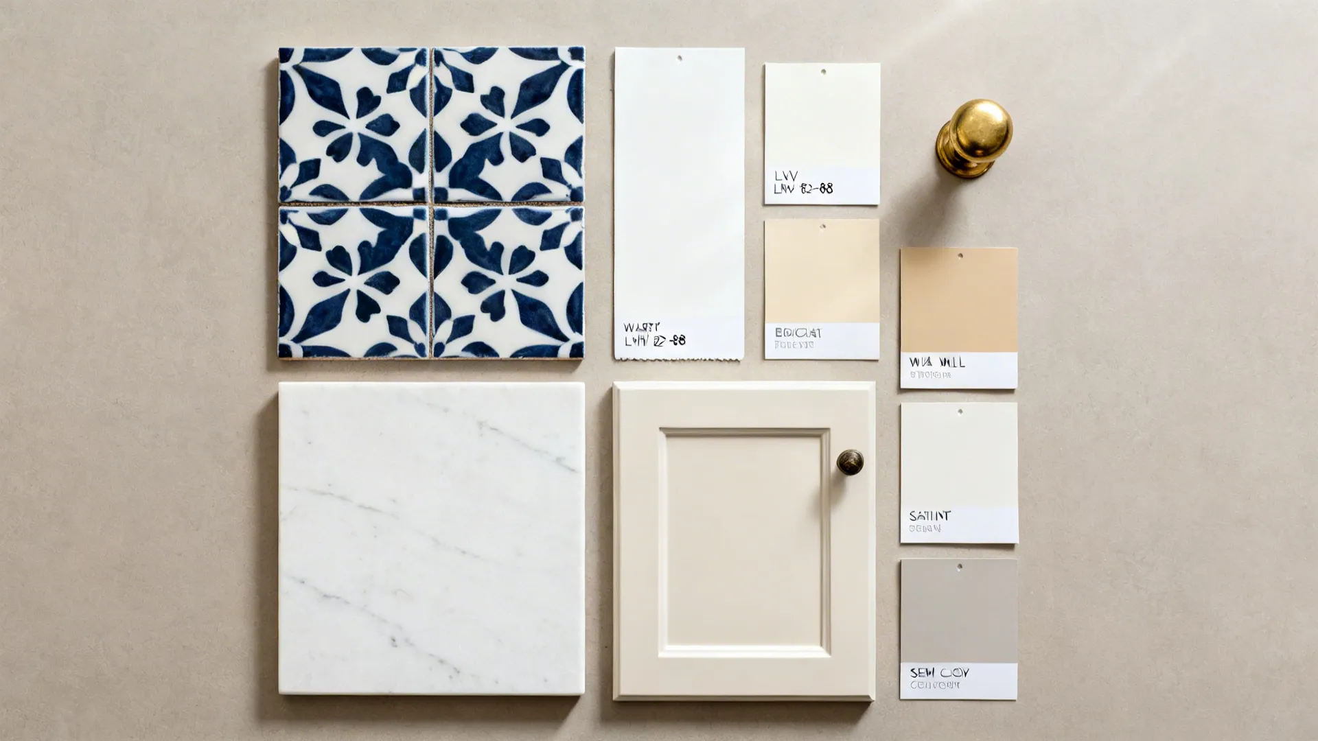 Interior design mood board with blue tiles white marble cream cabinet door and paint swatches